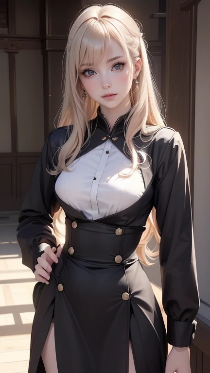 (A hyper-realistic), (illustratio), (hight resolution), (8K), (ighly detailed), (The best illustrations), (beatiful detailed eyes), (top-quality), (ultra-detailliert), (​masterpiece), (wall-paper), (detailed face), droopy eyes,full of sweat, full body, long legs,Armpit,short-hair,inner colored,solo, big breast,perfect body, european, Colossal 、A smile, wearing black formal blazer, short skirt,blonde hair, french braid, hime cut, very long hair, heart-shaped pupils, animal ears, fox ears, covering ears, kemonomimi mode, seductive smile,(Heart particles: 1.1), Black pantyhose