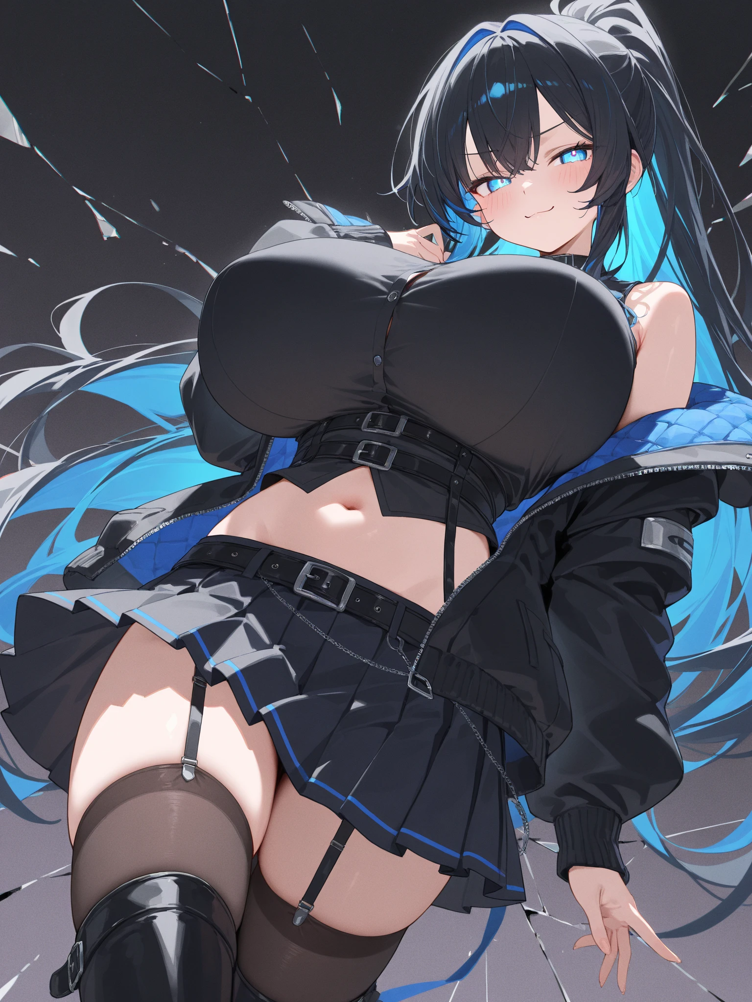 Black fishnet stockings are worn on her legs,The upper body is only wearing a black bra
