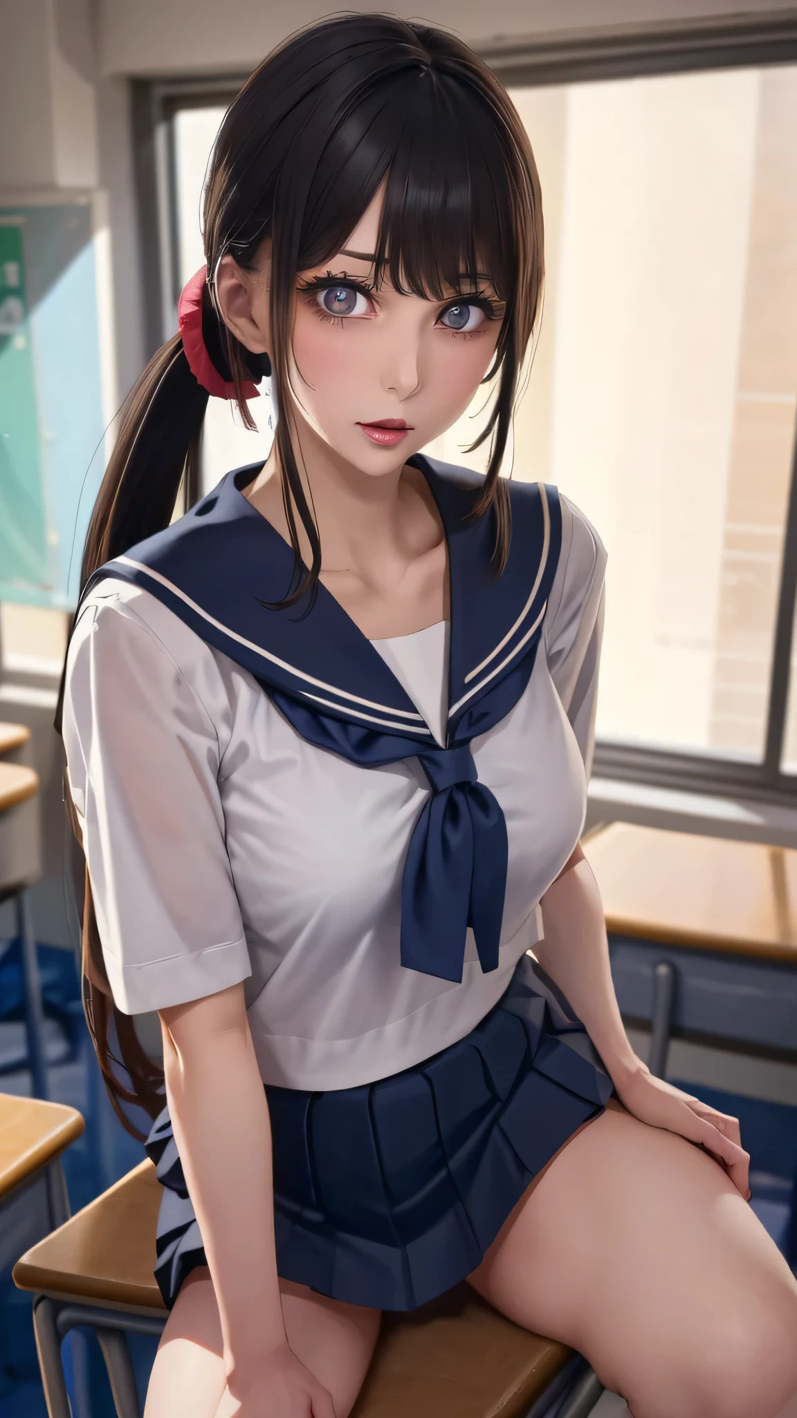 masterpiece,best quality,20 year old,1girl,bangs,expose breast,no bra,black_hair,blue_eyes,blue_jacket,blue_ribbon,blush,bow,double_bun,hair_bun,hair_ornament,hairclip,jacket,long_sleeves,looking_at_viewer,open_clothes,open_jacket,parted_lips,ribbon,sailor_collar,shirt,side_bun,school_background,solo,upper_body,school_background,rating:safe,incredibly absurdres, ultra detailed, high resolution, realistic lighting, photorealism, hyperrealism,masterpiece,vibrant colors,stunning visuals,ultra skin texsture,stable diffusion,perfect anatomy,crazy details