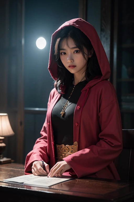nsfw0.2、(Too much exposed skin)、(Big Breasts)、Very beautiful woman、Slender women、(Detailed face)、Realistic Skin、((Delicate photo)),(Girl Masterpiece RAW Photo Details:1.25), (Highest quality:1.6), (Ultra-high resolution:1.5), (Realistic:1.75), 8K resolution, Canon EOS R5, 50mm, Absurd, Ultra-detailed,Cinema Lighting、One girl, Fortuneteller、astrologer、(((Spectacular starry sky in the background)))、(((A burgundy robe with a hood and intricately decorated with beautiful details)))、((Horoscope))、(((Fortuneteller)))、Long black hair、((blunt bangs))、Cowboy Shot、(((Hold your hand over the crystal ball on the table)))、Fancy Necklace、Lace gloves、((Lots of old books))