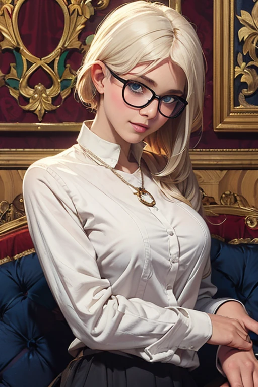 Solo, 1girl, masterpiece, best quality, extremly detailed, Cinematic lighting, intricate detail, highres (4K or 8K), official art, finely detailed beautiful face and eyes with long lashes and a smattering of freckles, high resolution illustration, dark intense shadows playing on her features, overexposure adding depth to certain areas, blonde hair cascading down her shoulders, single braid adorned with tiny flowers, blue eyes sharp and expressive behind rounded glasses, slightly smug expression, sitting comfortably on an antique chair, upper body covered in a white blouse, large breasts gently spilling out of a plunging neckline, yellow