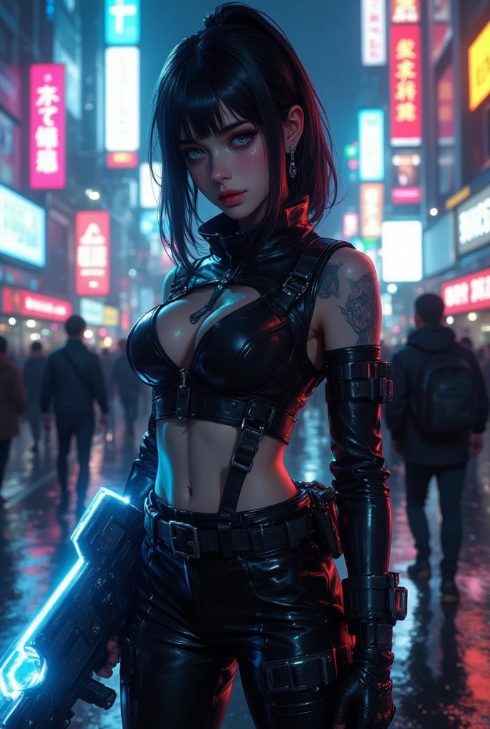 Blade Runner-like atmosphere, android girl, skeleton visible, girl shooting handgun, cleavage, muzzle point at viewer, muzzle flash, heavy rain, flash --auto --s2