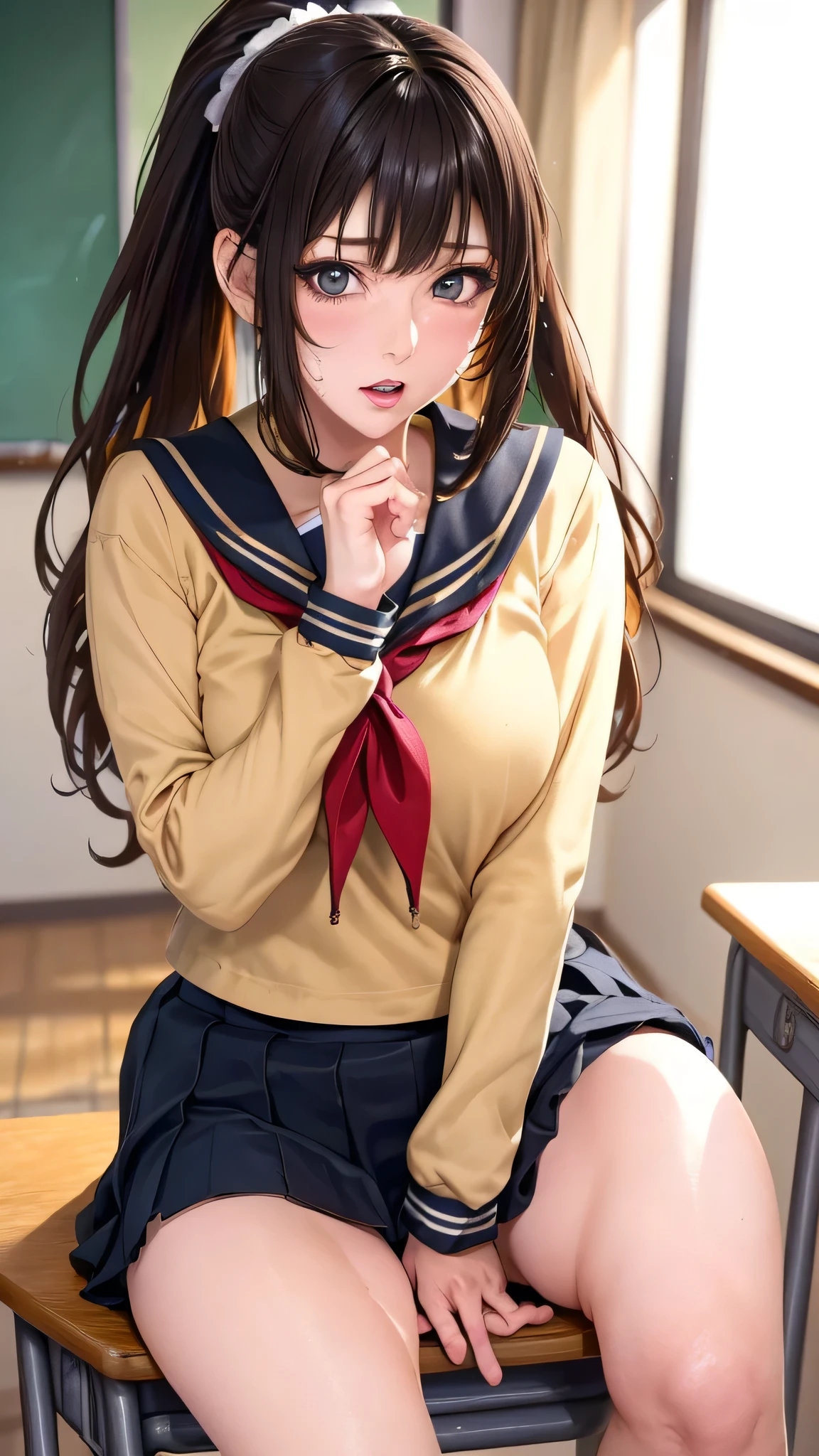(top quality, 4K, 8K High Resolution, masterpiece:1.2), Highly detailed, 1 person, Seductive Women, (big ),(long hair),(ponytail),((school)),((classroom)),((Open Her Legs Big)),sexy atmosphere , Glamorous Legs, Attractive Breasts, magic hour,((Clean School Uniform)),((((Aheface)))),((SEXY POSES)),((Erotic Expression)),((Unusual Suspicious Expression)),((Miniskirt)),(( clean blouse)),((sailor suit)),(()),(()),There is a , Thin, Beautiful Eyes , Beautiful Lip Details, long eyelashes, vibrant colors, Photo Spot, Soft Warm Colors ,