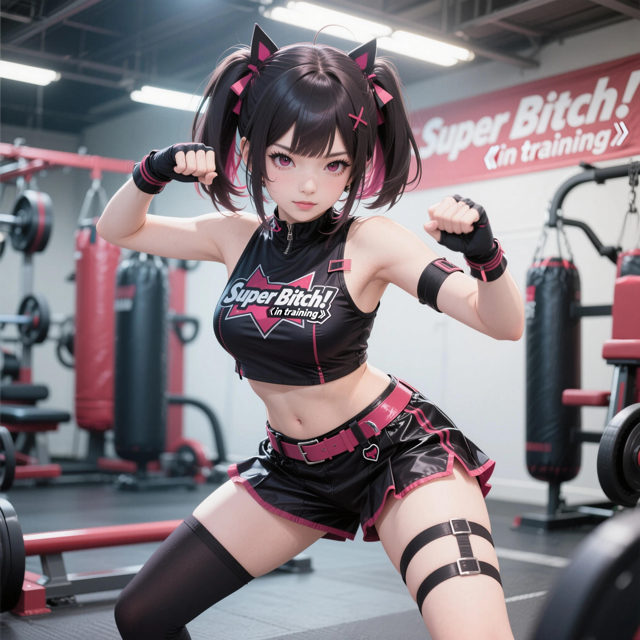 ((cat girl)), ((full body)), (((standing pose))), ((((((very baggy and long leg warmers)))))), ((bare feet)), ((gym top)), ((thong panties)), ((((martial fighting gloves)))), (((fully detailed)))