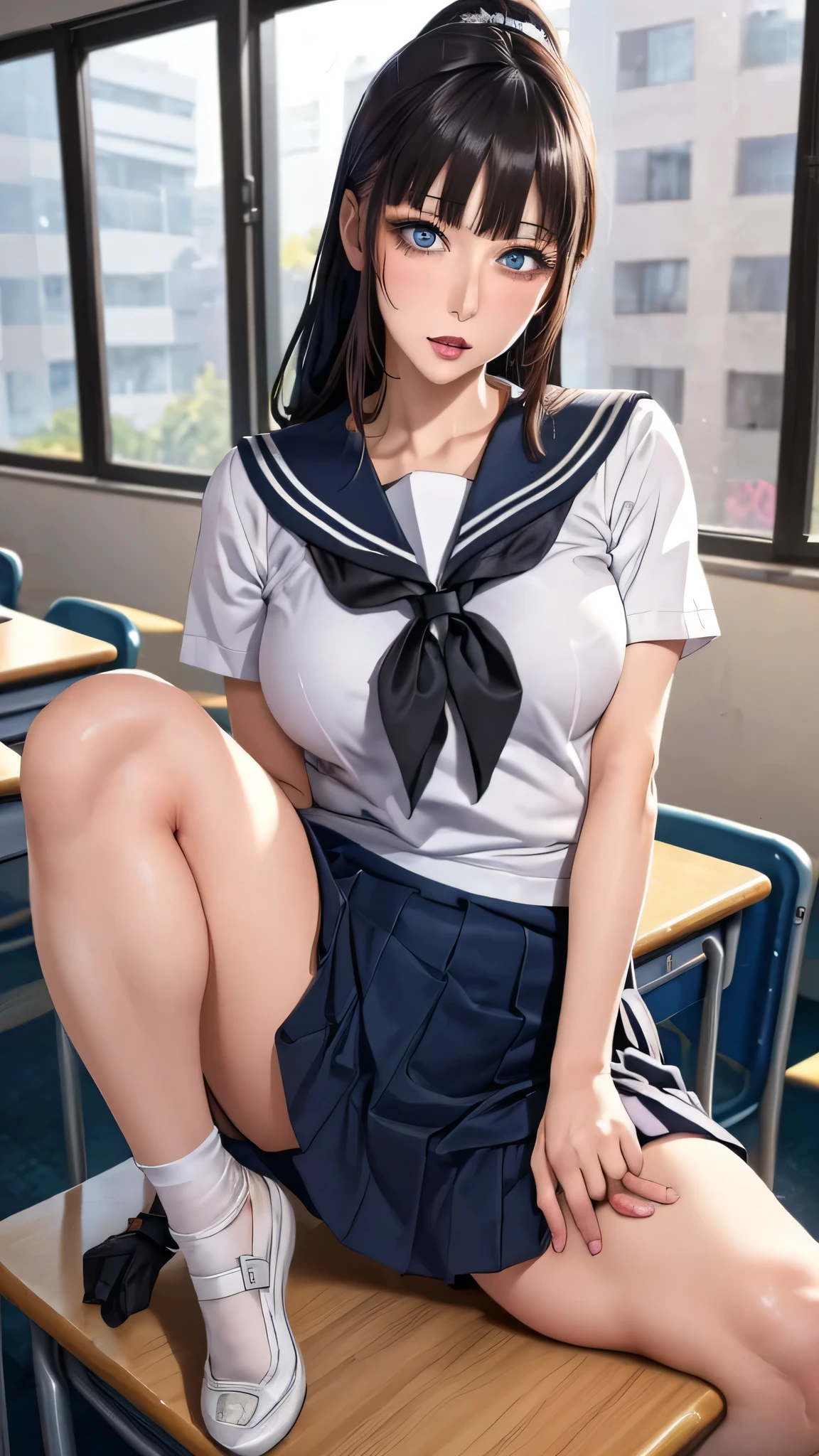 photo of sexy 1girl, tall,leggy,smile,standing in neat rows, in the school gymnasium, wearing white (basic school sailor uniform), long sleeve, blue sailor collar, shiny blue tie pleated blue_mini_skirt, beautiful eyes, shiny black hair,navy short socks, full body shot, closeup shot, from front, from below, dutch angle shot, wide view,