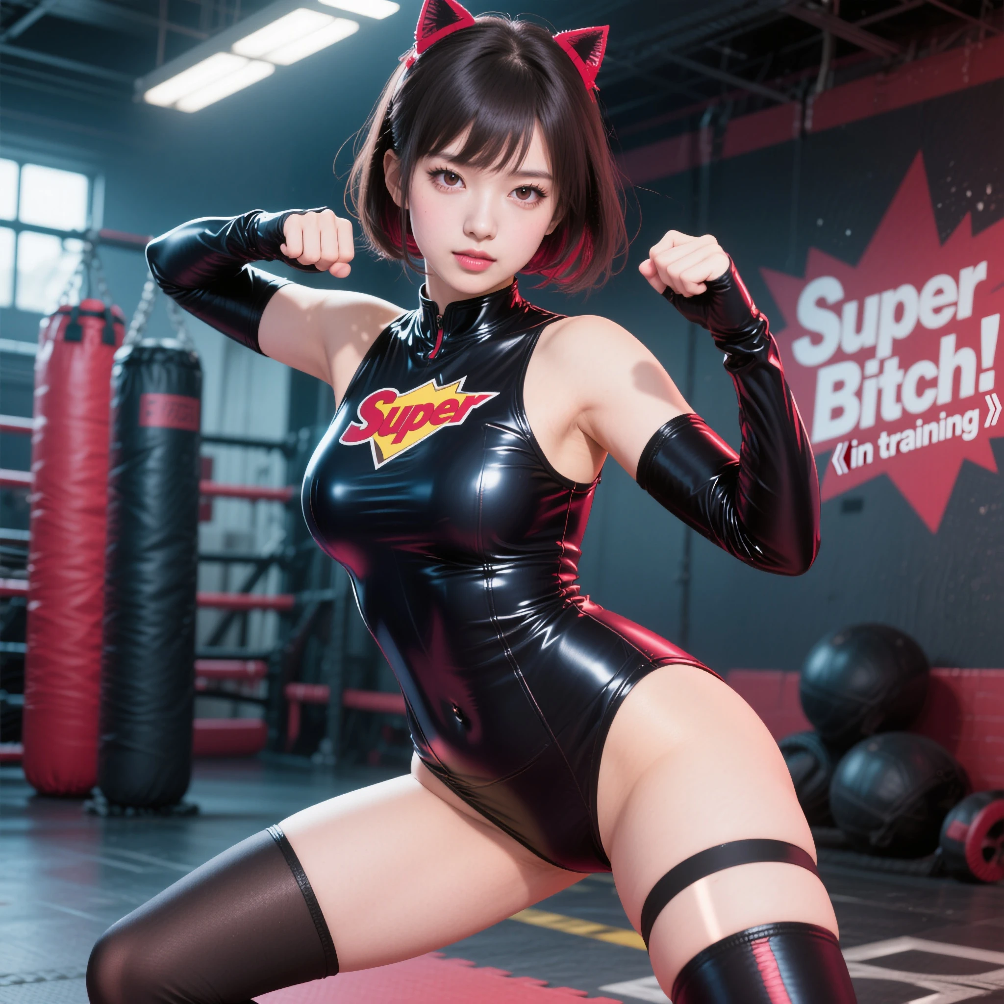 individual,Beauty,Gloves,boxing,Knee socks,Erotic lingerie,sexy,Big breasts,long legs,cleavage,boxing场,sweating,8k,Super detailed,high quality,long hair,Cat ear