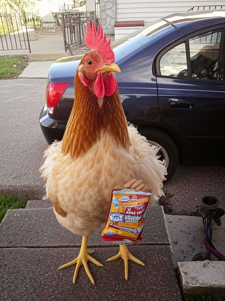 humanoid chicken nugget, on the street, in the rain