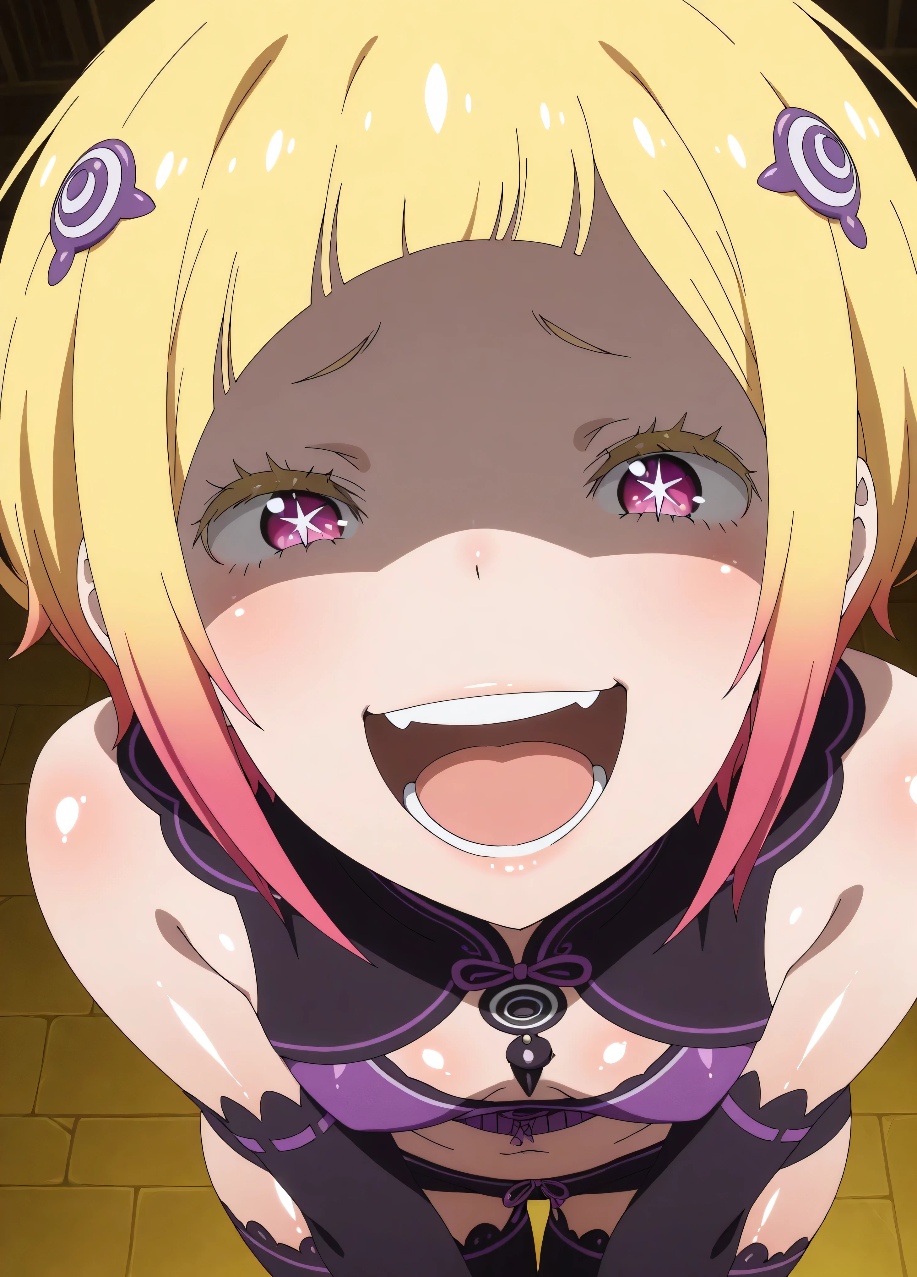 , Capella,re:zero
High quality , best quality , masterpiece, High Resolution , detailed face( LoRA: Capella),anatomically correct, detailed hairstyle( LoRA: Capella),anime Coloring
solo, 1 girl
,multicolored hair,blonde hair,short hair,pink eyes,(shiny skin:1.7),
, purple midriff,black shorts,black thighhighs,hair ornament,
, close-up, looking at viewer,from above,upper body, (laugh:1.9),Shaded face(eye in shadow)