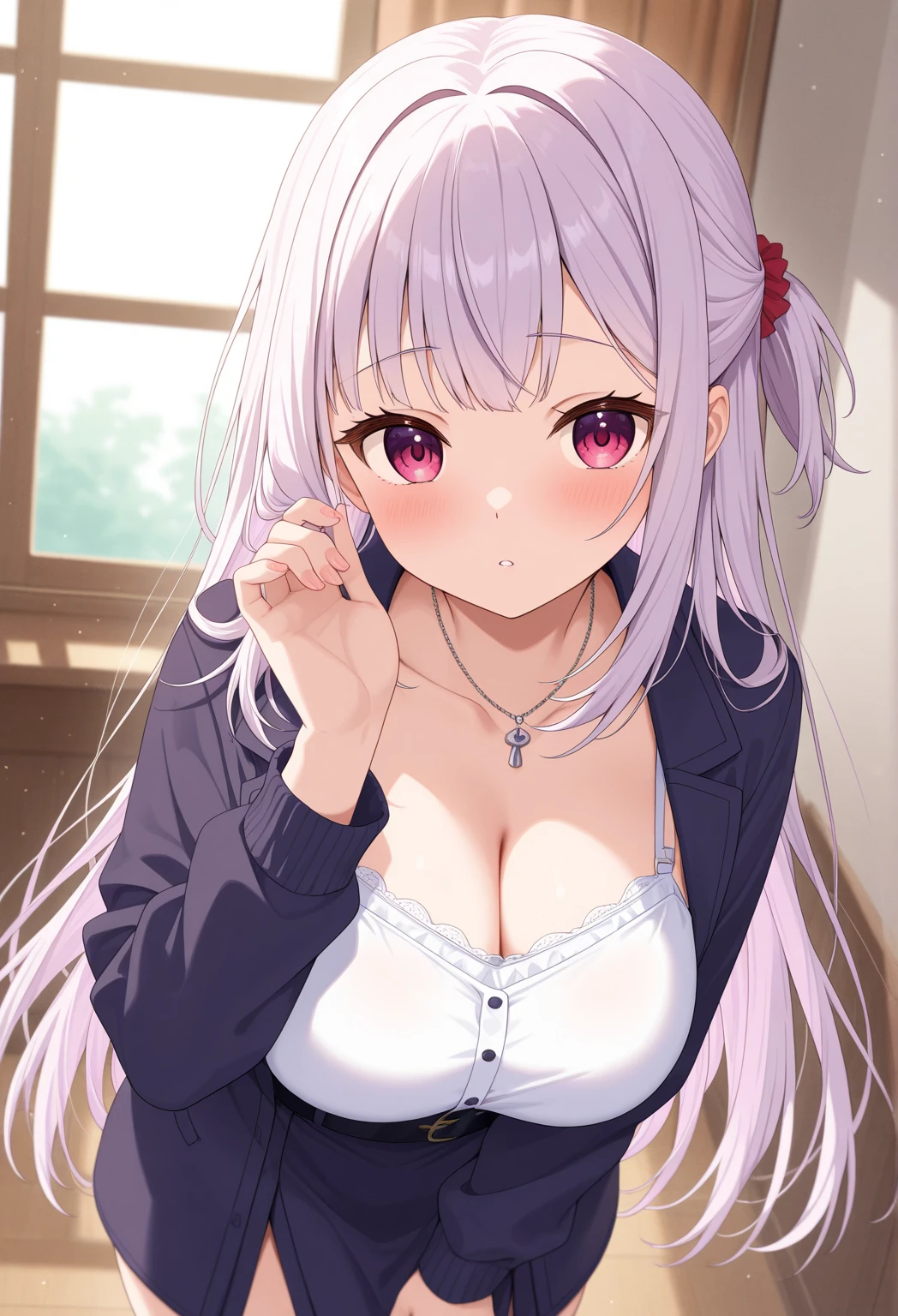 masterpiece, best quality, Ultra-high resolution,Photon Mapping,The best shadow,portrait,Beautiful details,Ultra-high detail,Purple long hair,Single Braid,Bangs,Medium breasts,City,Chinatown,City中心,see through, Short skirt, Low-cut:2, Hair accessories, earrings, necklace, portrait, Silver dress:2, Looking at the audience,solitary,Professional lighting, Delicate skin,