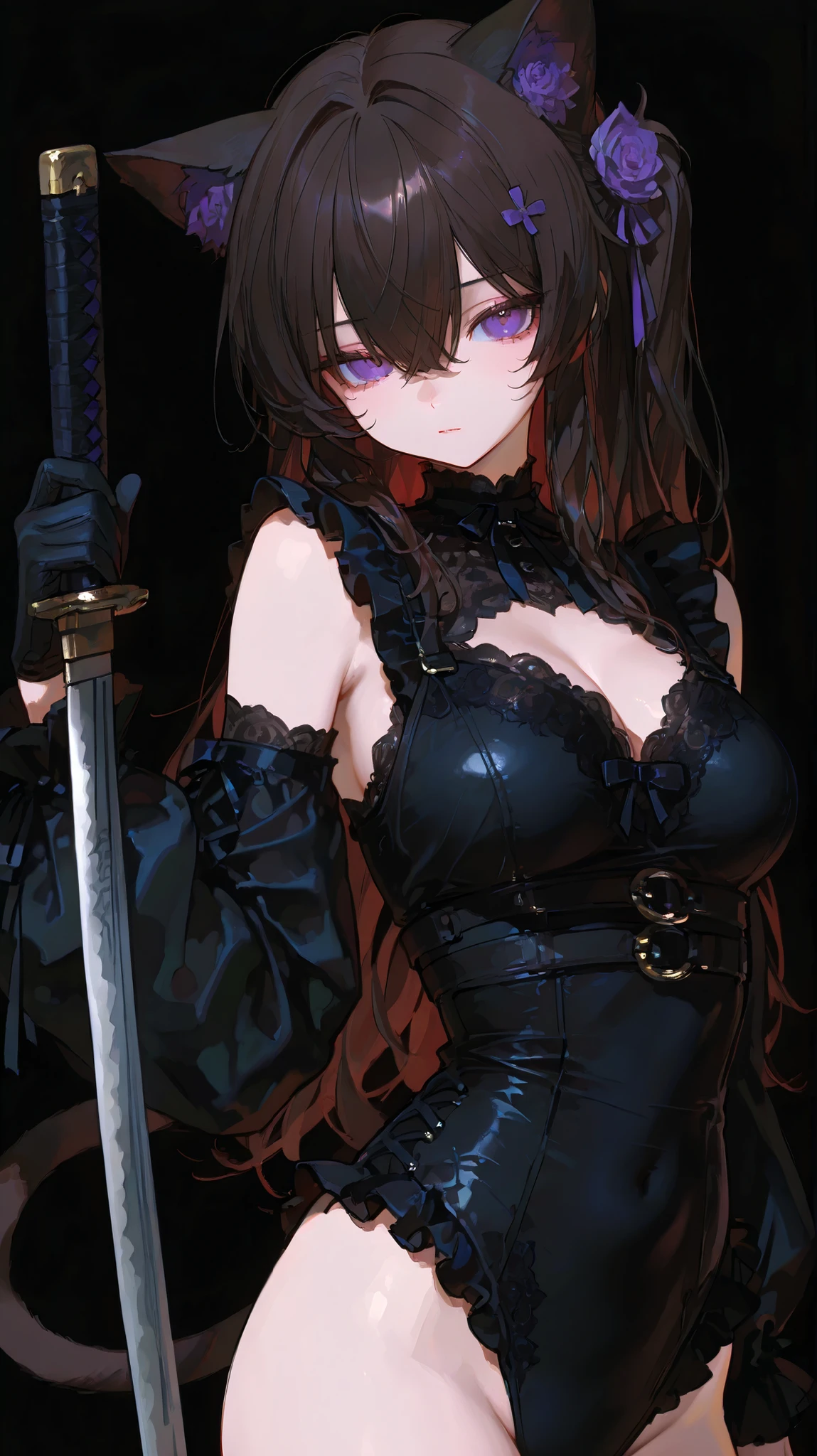 A powerful yet endearing young girl with long, jet-black hair completely covering one eye. Her visible eye is bright blue with sparkling details. She wears a Gothic-inspired black maid outfit with an armored twist, a black mini skirt, and black tights. She holds an ornate sword surrounded by a glowing aura. The scene is viewed from a slightly elevated and angled perspective, capturing her full body and the surrounding aura prominently. Her expression is a cold, enigmatic smile, conveying a mix of elegance and detachment. The background is a serene night sky with twinkling stars and ethereal wisps.