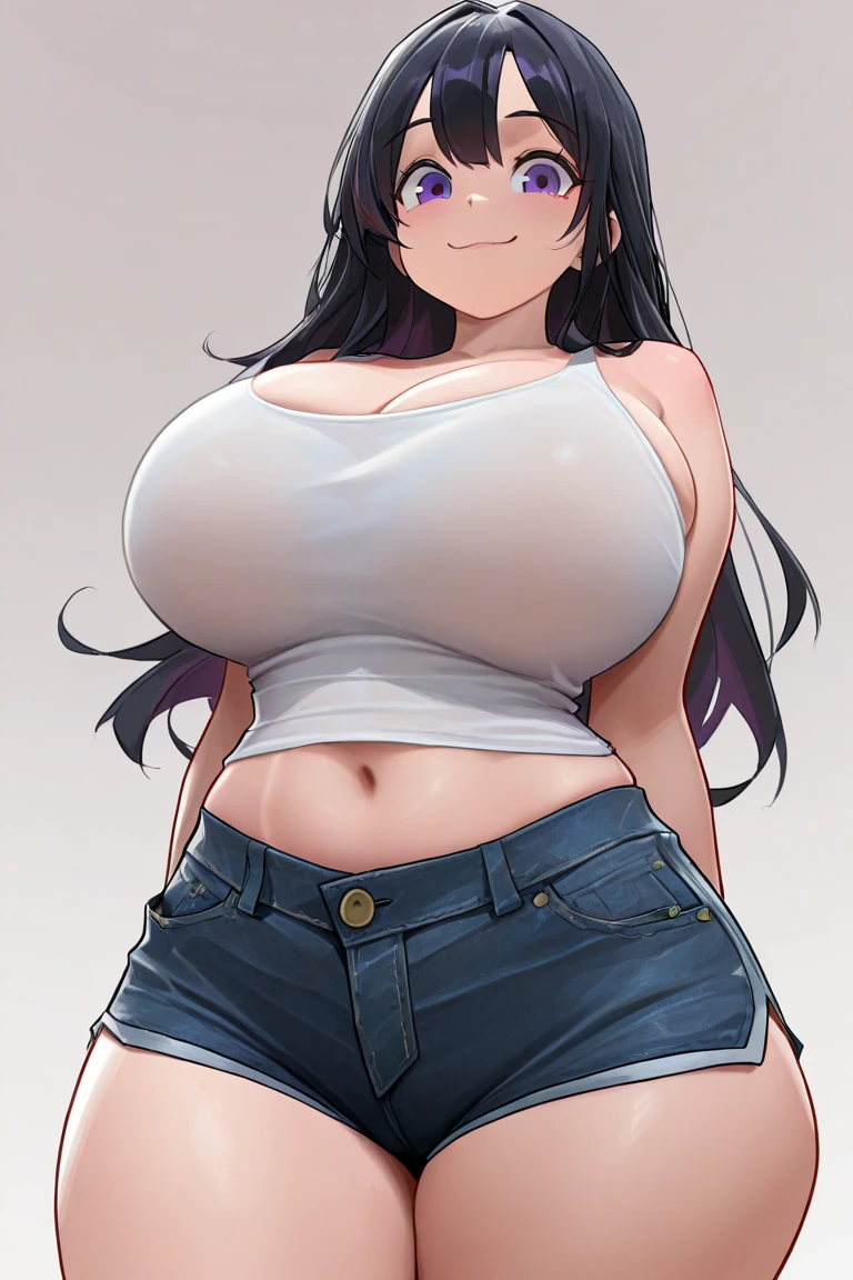 1girl,solo,Mature Woman,Black Hair,long hair,blue eyes color,Glasses,mother,gentle,kind face,Super huge breasts,Flabby thighs,Black knit with vertical lines accentuating the lines of the body,jeans that accentuate the body's curves,necklace,standing up,Looking at this,Inclusive,White background,