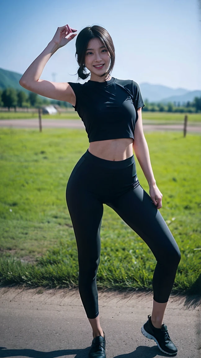 2 British girl wearing black leggings and black top doing situps on grass