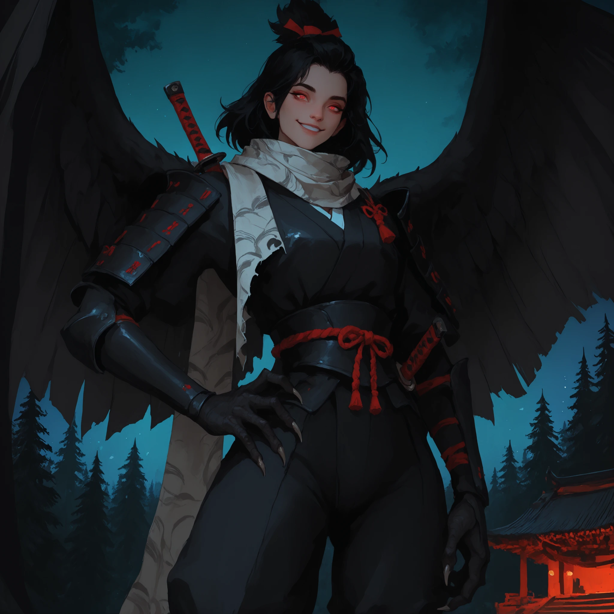 solo, female, harpy girl, wings on back, black Japanese armor, night, close up, wings, tengu girl, black wings, hand on hip, black scaled hands, claws, talon hands, short sword, light red eyes, short black hair, massy hair, pine forest, relaxed pose, wings, wings on back, ninja, light armor, slim waist, beautiful, temple, smile, hand on hip, tori gate, huge silk scarf, looking at viewer, short, small female, cute