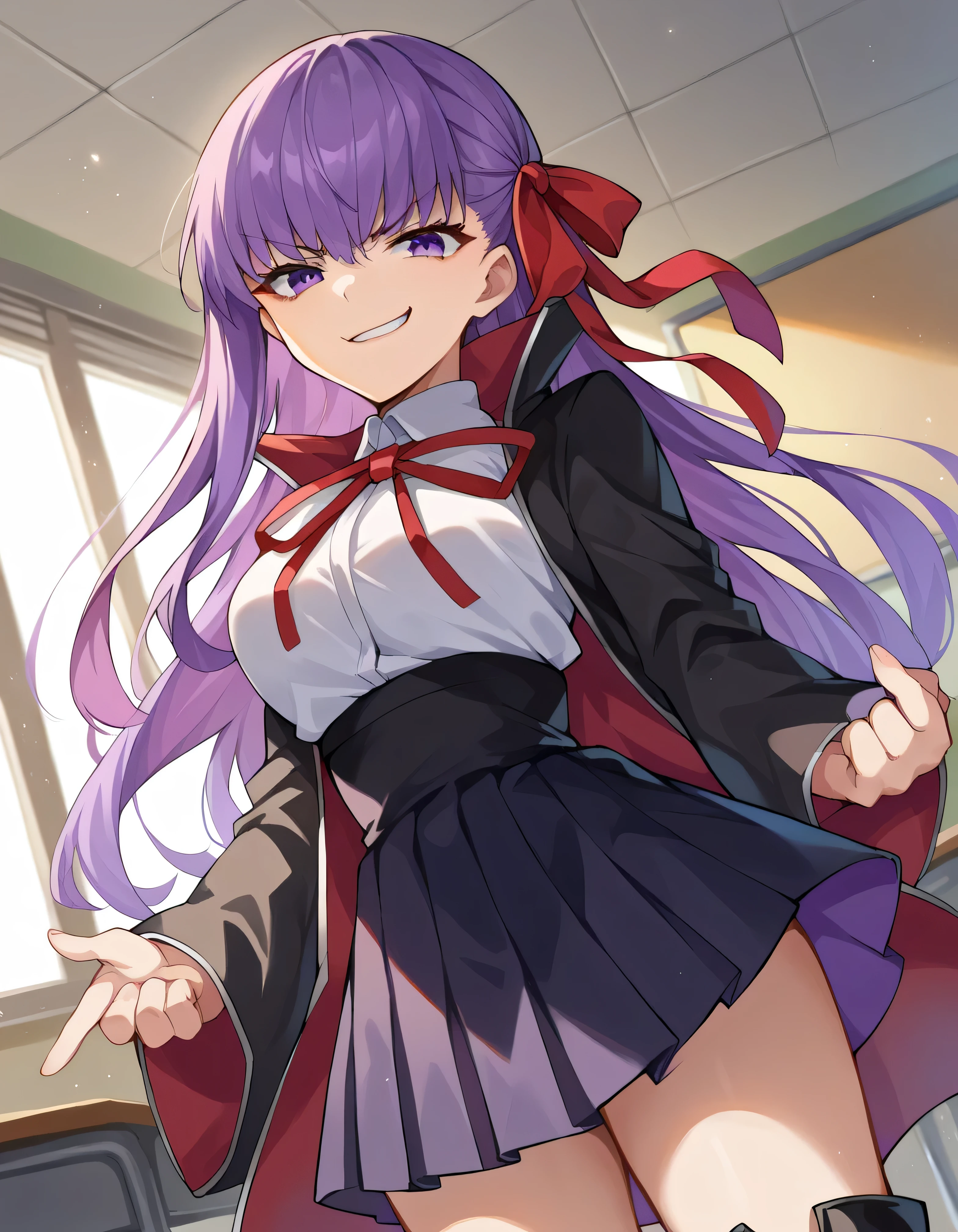 score_9, score_8_up, score_7_up, Source_Anime,
thick,
bb, purple hair, Long Hair, bungs,
PURPLE EYES, black Jacket, black Skirt, collared shirt, hair ribbon, high-waist Skirt, Jacket, long sleeve, neck ribbon, open clothes, open Jacket, pleated Skirt, red ribbon, ribbon, shirt, Skirt, Sleeves Over the Wrist, white shirt, wide sleeve,
Indoor, Classroom, ,
staring at the viewer, Dutch angle,(smirk:1.9),latex boots,