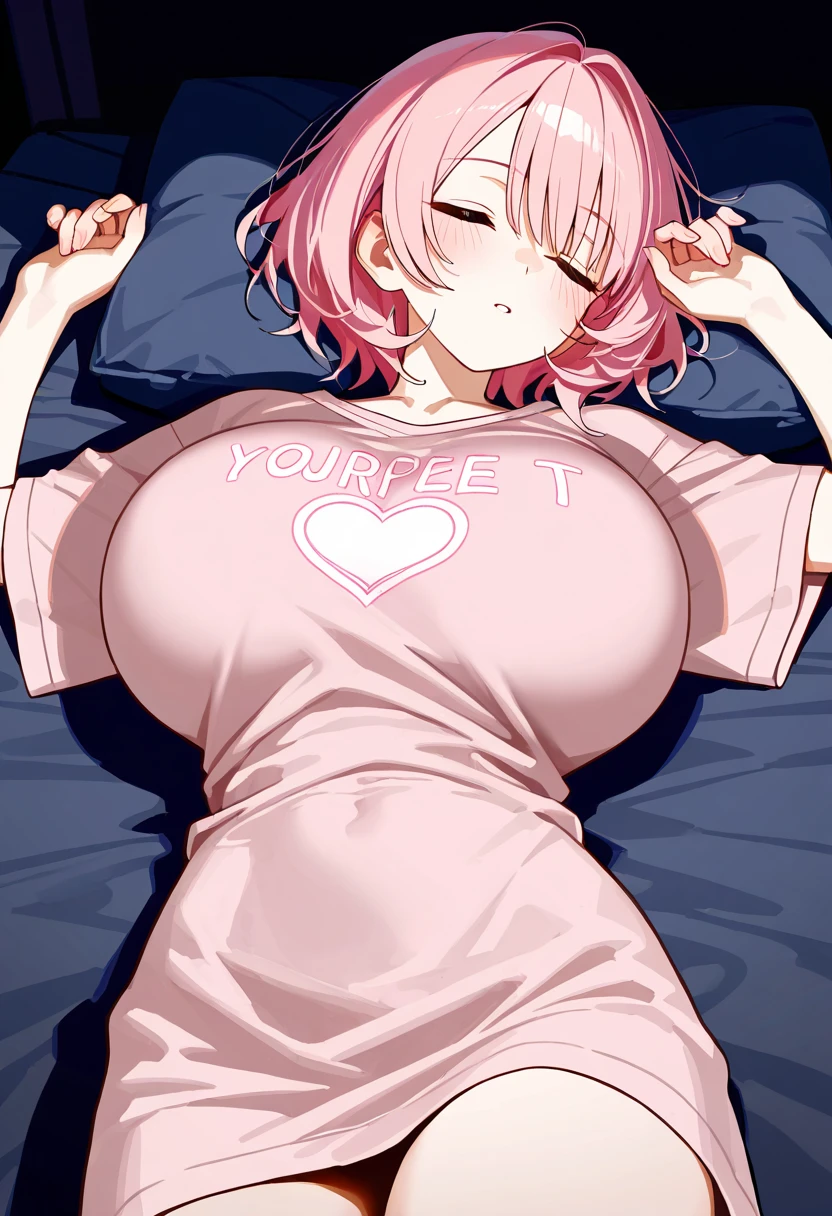 1girl, solo, (large breasts:1.1), lying, on bed, on back, (sleeping:1.1),  mai_koakuma_kanojo, blush, short hair, twintails, pajamas, cleavage, breasts apart, groin, pink hair, pink eyes, short twintails,  <lora:MaiKoakumaKanojoLoraV01:0.7>