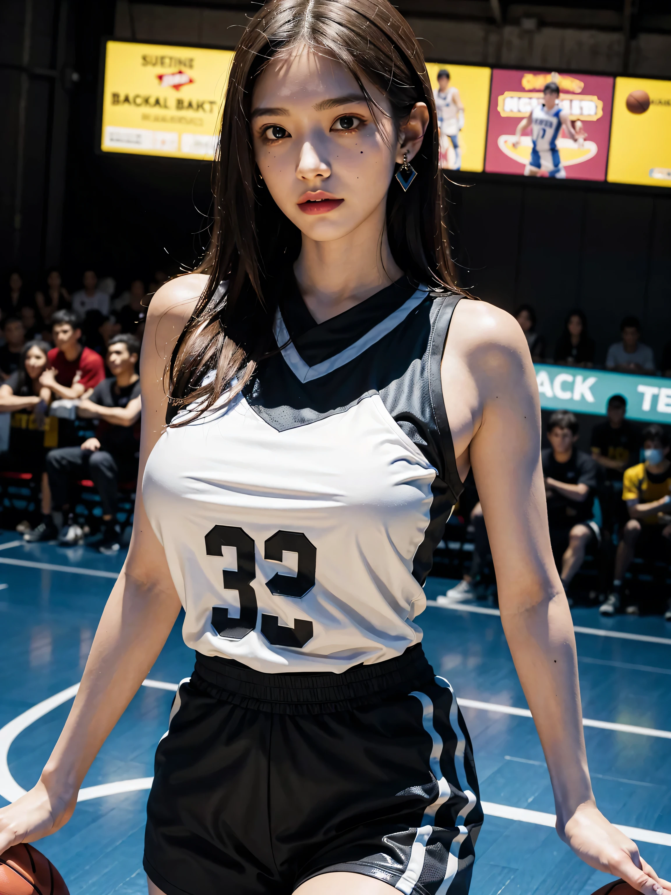 A captivating woman with long, flowing black hair, wearing a stylish and snug basketball outfit with a deep V-neck top and mini shorts. She is standing confidently with a basketball under one arm, waving to the cheering crowd with her other hand. Her ample bust and athletic physique are showcased. The background features a vibrant outdoor basketball court with energetic spectators and urban scenery.