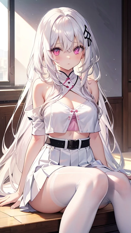 There is a woman with long hair，wearing white jacket，Wear a bow tie, korean girl, Realistic young anime girl, Chinese girl, real life anime girls, anime long hair girl, Bagel hair style, Cute and natural anime face, Realistic anime 3D style, beautiful anime girl, Has a cute and delicate face, Beautiful anime portrait, beautiful korean woman，extra large breasts，突出extra large breasts，特写extra large breasts，Breasts mostly exposed，nude，blush, surprise，Look at me，looking at the audience，sitting，kneeling，put on bed，Knees together，internal figure eight，red pupils，lace jumpsuit，Slender legs，beautiful hair、 beautiful eyes、 beautiful skin、beautiful legs、beautiful arms、perfect fingers、 Very cute，white hair, long hair，white cat ears, white cat tail,best quality，High resolution，top quality，pink bow，slender eyebrows，hair slightly moist，On a very large white bed, white pillow，perfect waist，Skirt has cutouts at the end，pout，The clothes are a little wet，little girl，very young，18 years old，shy smile，Long messy white hair tied up，Seductive pose，chiaroscuro，bare shoulders，nude房间，slit sleeves，There are a few drops of water on the breast，bare legs，barefoot，Ray tracing，disdainful expression，Beautiful girl alone，Most of the body is exposed，pink miniskirt，Gently lift up the skirt with both hands，shy expression，exposed breasts，The whole body was soaked with water，colorful appearance，Exposed cleavage，Wear white knee-length socks
