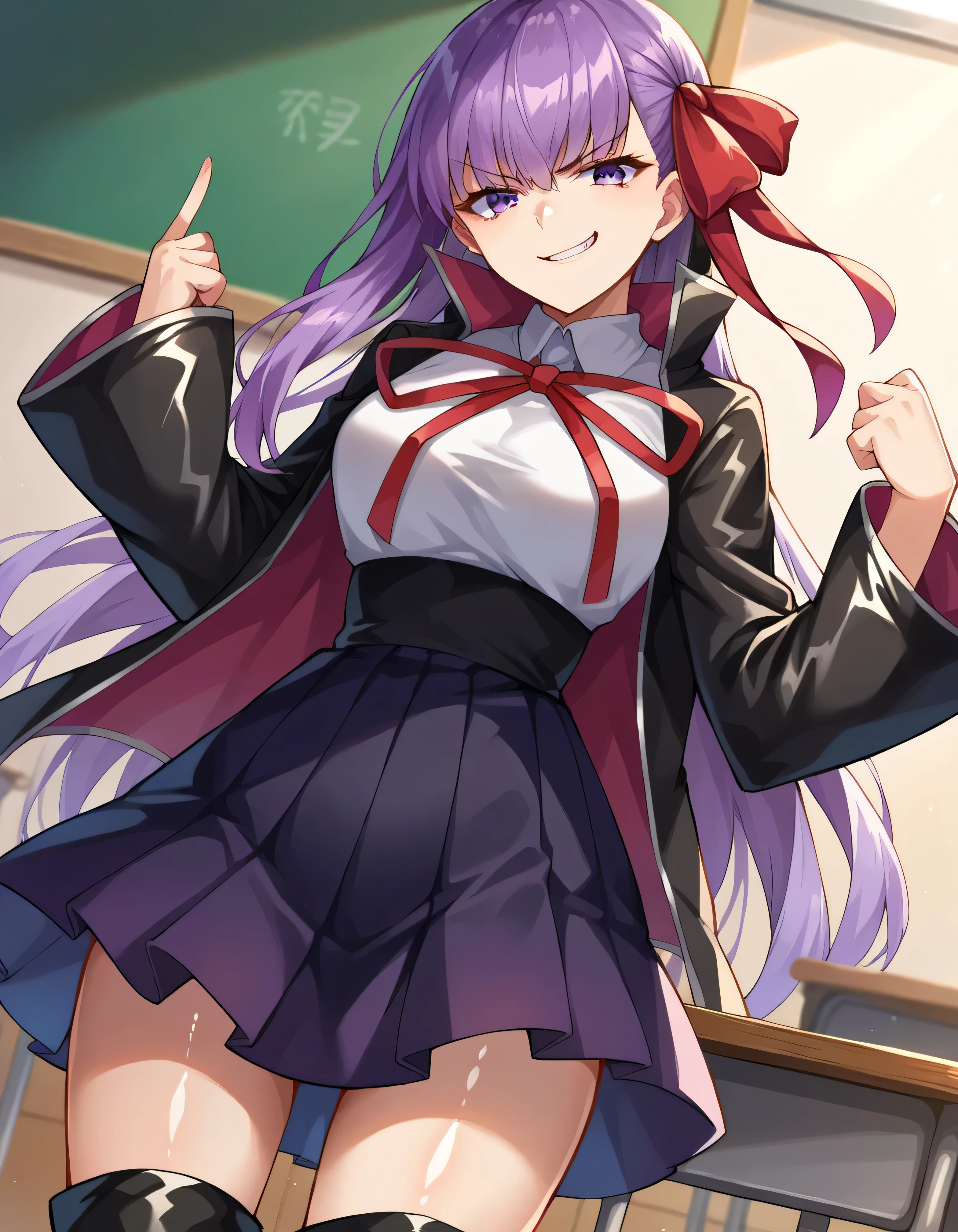 score_9, score_8_up, score_7_up, Source_Anime,
thick,
bb, purple hair, Long Hair, bungs,
PURPLE EYES, black Jacket, black Skirt, collared shirt, hair ribbon, high-waist Skirt, Jacket, long sleeve, neck ribbon, open clothes, open Jacket, pleated Skirt, red ribbon, ribbon, shirt, Skirt, Sleeves Over the Wrist, white shirt, wide sleeve,
Indoor, Classroom, ,
staring at the viewer, Dutch angle,(smirk:1.9),latex boots,(shiny skin:1.9)