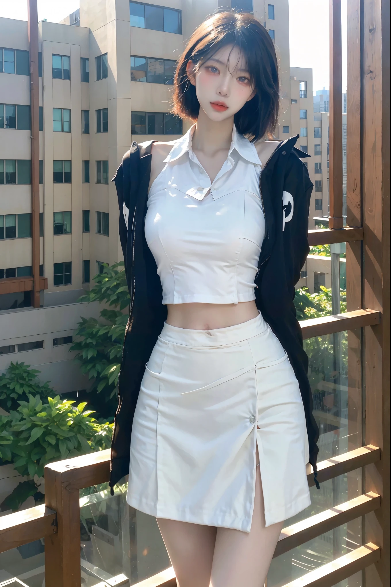 Beautiful woman with perfect figure:1.4，4K，Yoga background，Ultra-high resolution，Seductive laughter，White Legs，(Lifelike:1.4)，Layered hairstyle，White skin，Yoga Clothing，whole body，Very delicate face and skin texture，Double eyelids，Skin Whitening，White hair，