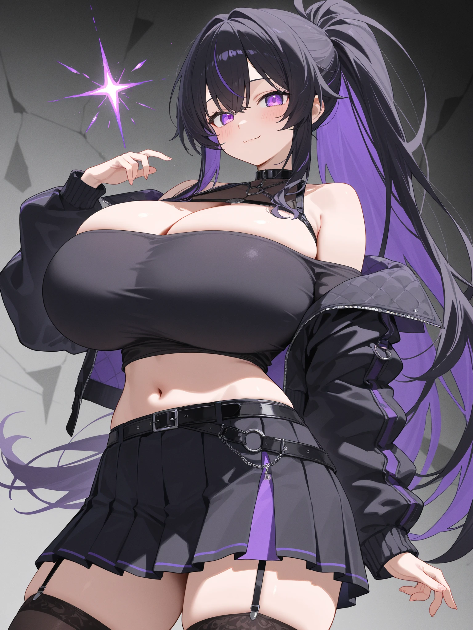 1girl, black hair, purple eyes, black choker, huge breasts, black elbow gloves, tight black dress, bangs, huge cleavage
