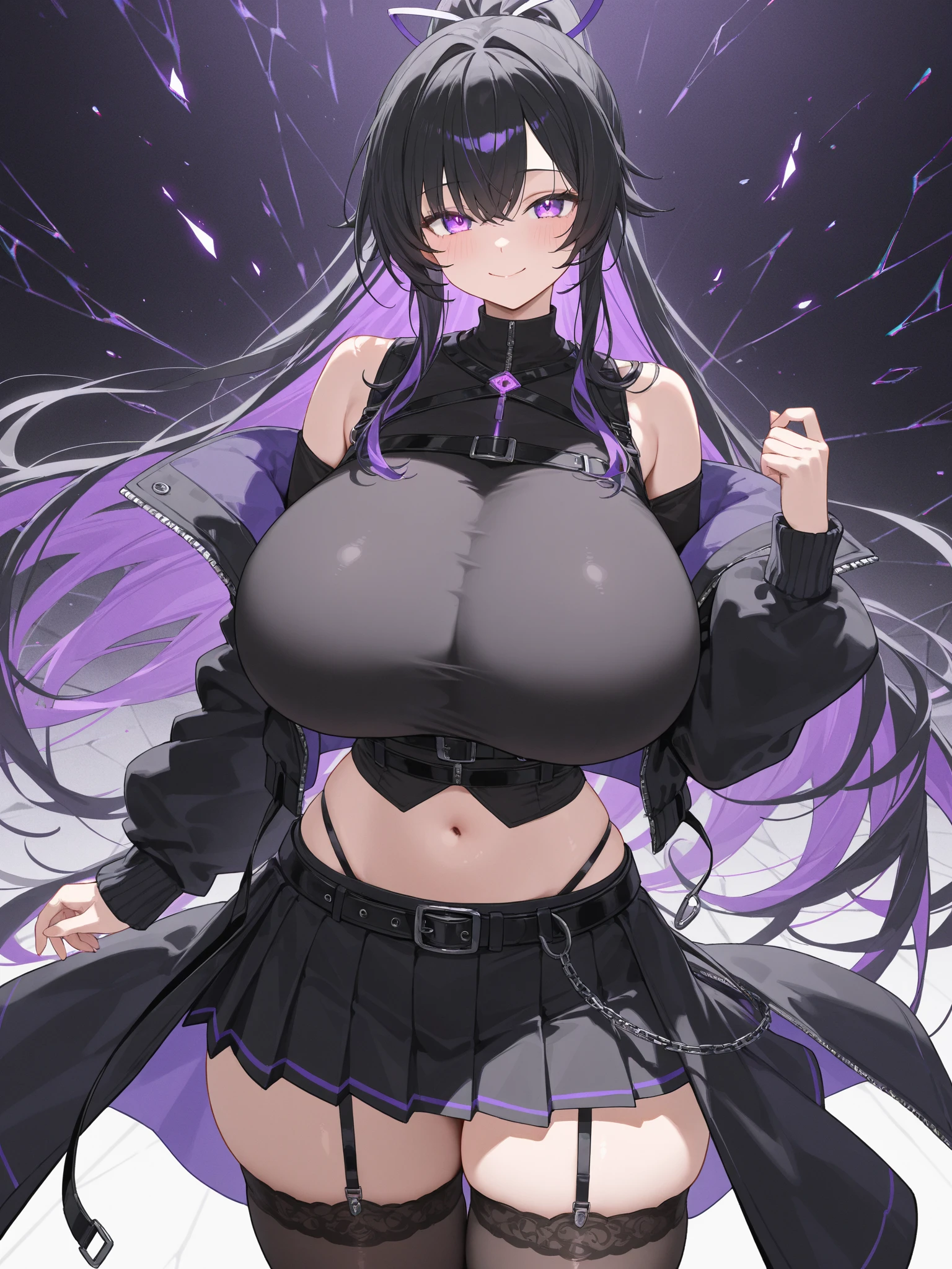Striped hair,(whaite hair), french braid, mismatched pupils,(eye shadows) Chiaroscuro, back lit lighting, Gothic art, 16k, Best quality, Anatomically correct, High details，lewd nun，Leather bandages，Metal chains，(((huge tit)))，(Barcode tattoos)，grin，(Side breasts)，(锁链)