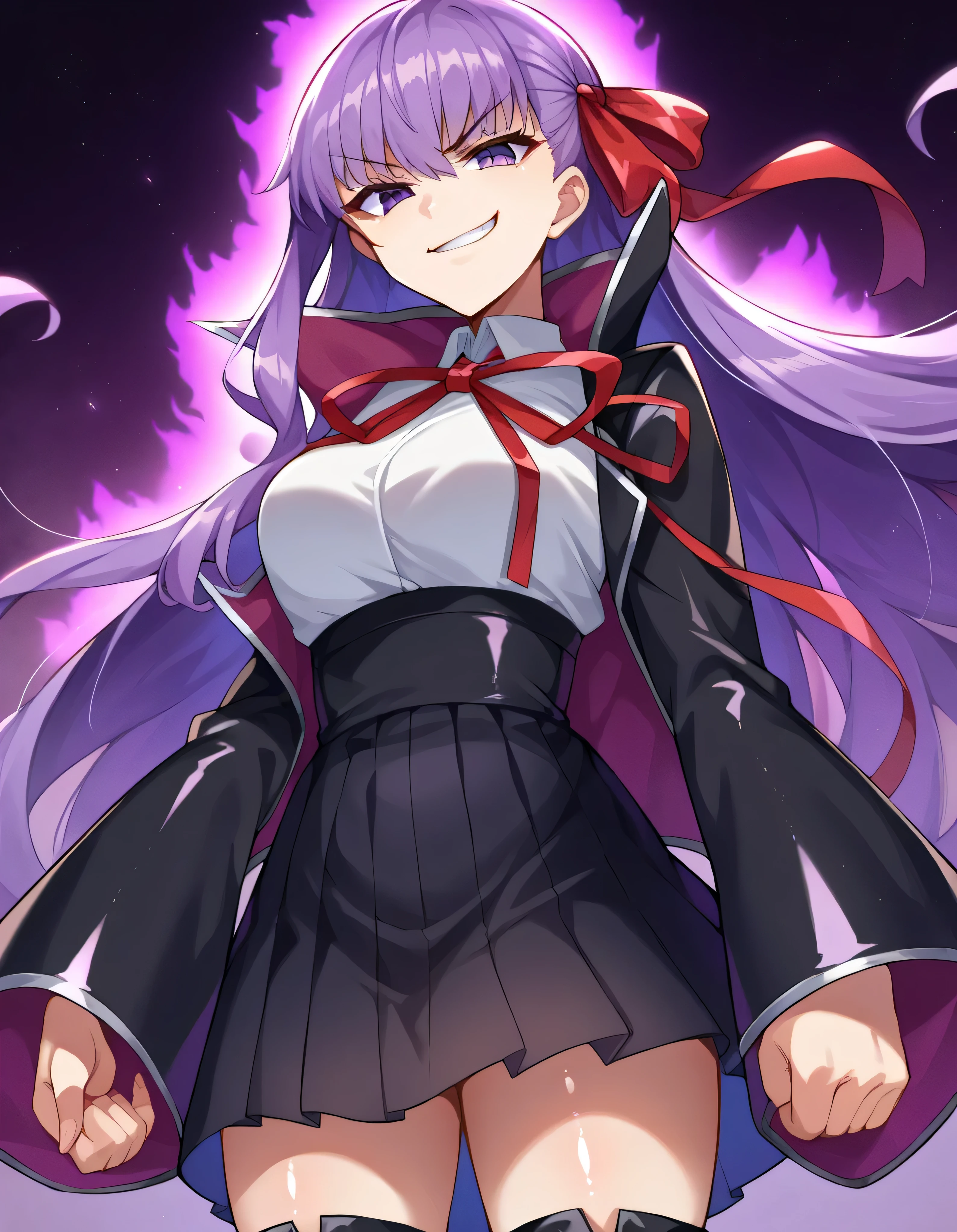 score_9, score_8_up, score_7_up, Source_Anime,
thick, 
bb, purple hair, Long Hair, bungs,
PURPLE EYES, black Jacket, black Skirt, collared shirt, hair ribbon, high-waist Skirt, Jacket, long sleeve, neck ribbon, open clothes, open Jacket, pleated Skirt, red ribbon, ribbon, shirt, Skirt, Sleeves Over the Wrist, white shirt, wide sleeve,
(dark aura:1.9), ,
staring at the viewer, Dutch angle,(smirk:1.9),latex boots,(shiny skin:1.9)