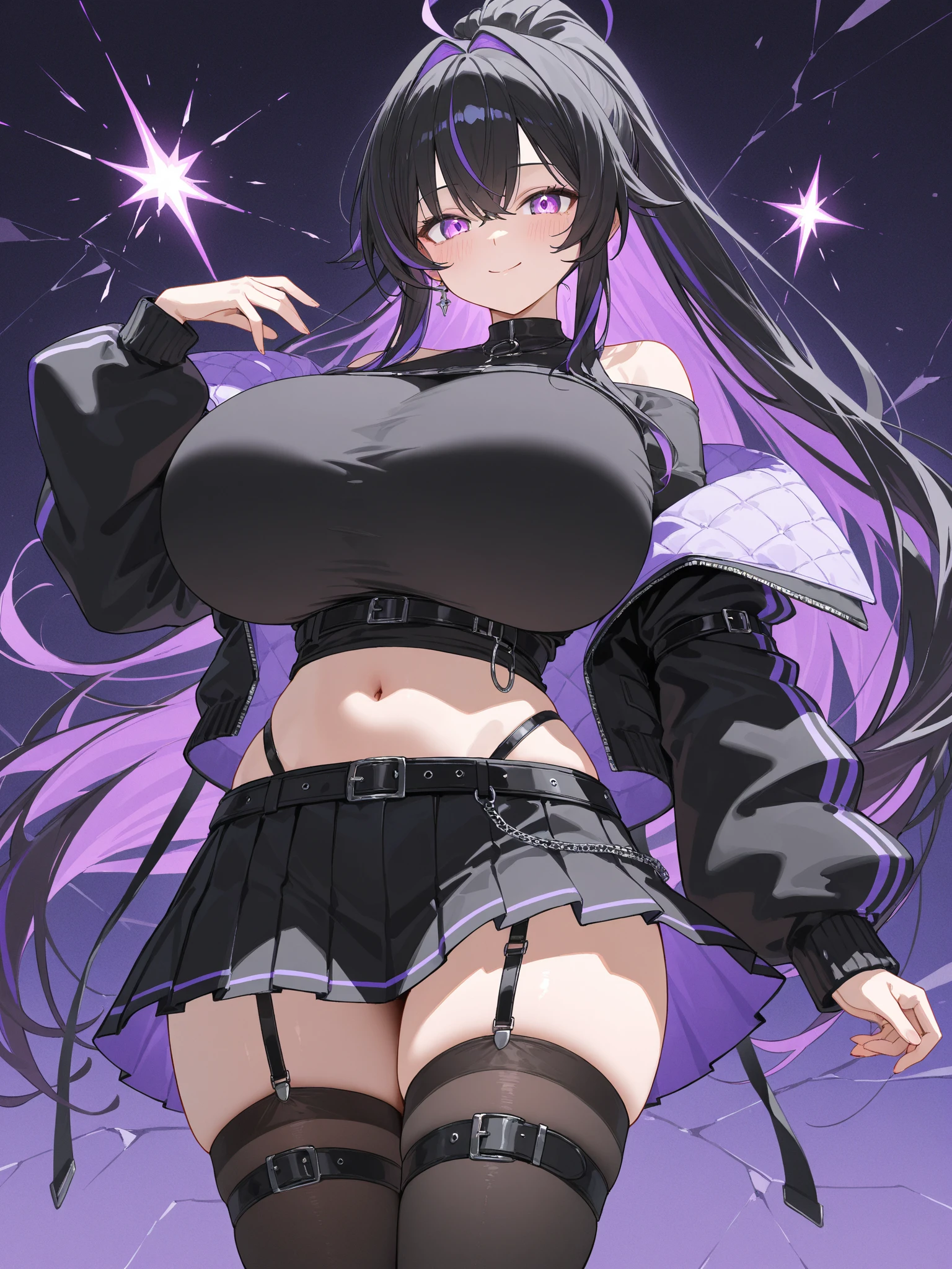 Magical girl Black costume mini skirt Purple long hair Great style Large breasts blush Embarrassed universe space