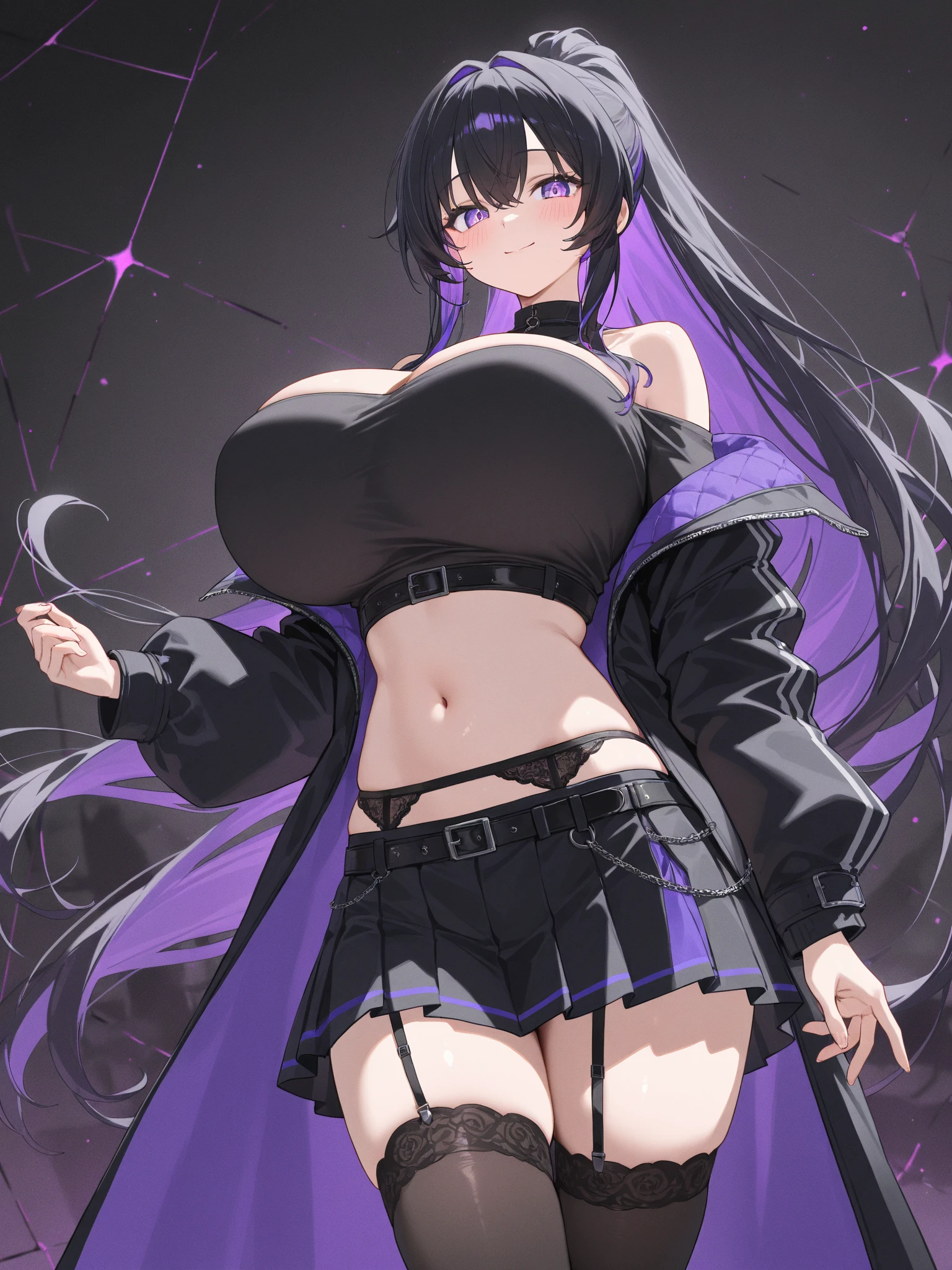 Ultra HD,masterpiece,A realistic depiction of a beautiful character named Yorai. She has flowing deep indigo hair and clear purple eyes with heart shapes, glowing with a dark, sinister light. Her smile is a cold, seductive smirk, reflecting her fall into darkness. She has a fuller chest, fox-like ears, and a bushy, fluffy silver fox tail. Her pale skin has a subtle glow under the moonlight, now slightly ashen in tone. She is dressed in a twisted version of a yukata-inspired armor, predominantly black and dark red, but now the outfit is made of leather. The leather is adorned with intricate embroidery of dark symbols and cursed flowers. The armor has a sharp, menacing silhouette with a wide neckline, exposing her shoulders and more of her chest, featuring a cursed, sinister leather choker. She holds a Japanese fan, gracefully dancing with dark, ethereal elegance. The overall scene is dark and eerie, with a background of swirling dark clouds, shadowy mist, and faintly glowing eerie symbols in the air. The style is realistic, with intricate details and lifelike textures.