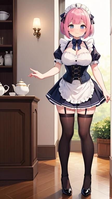(Masterpiece), Best quality, Perfect face, 1girll, Mature woman, Leaning forward, long Grey hair, Large breasts, Hanging breasts, cleavage, Narrow waist, Lolita, ultra short skirt, choker necklace, （(baby blue dress)), full body, black high heels, Garters, ((Black and white striped over-knee stockings)),Long and slender legs, Beautiful legs,