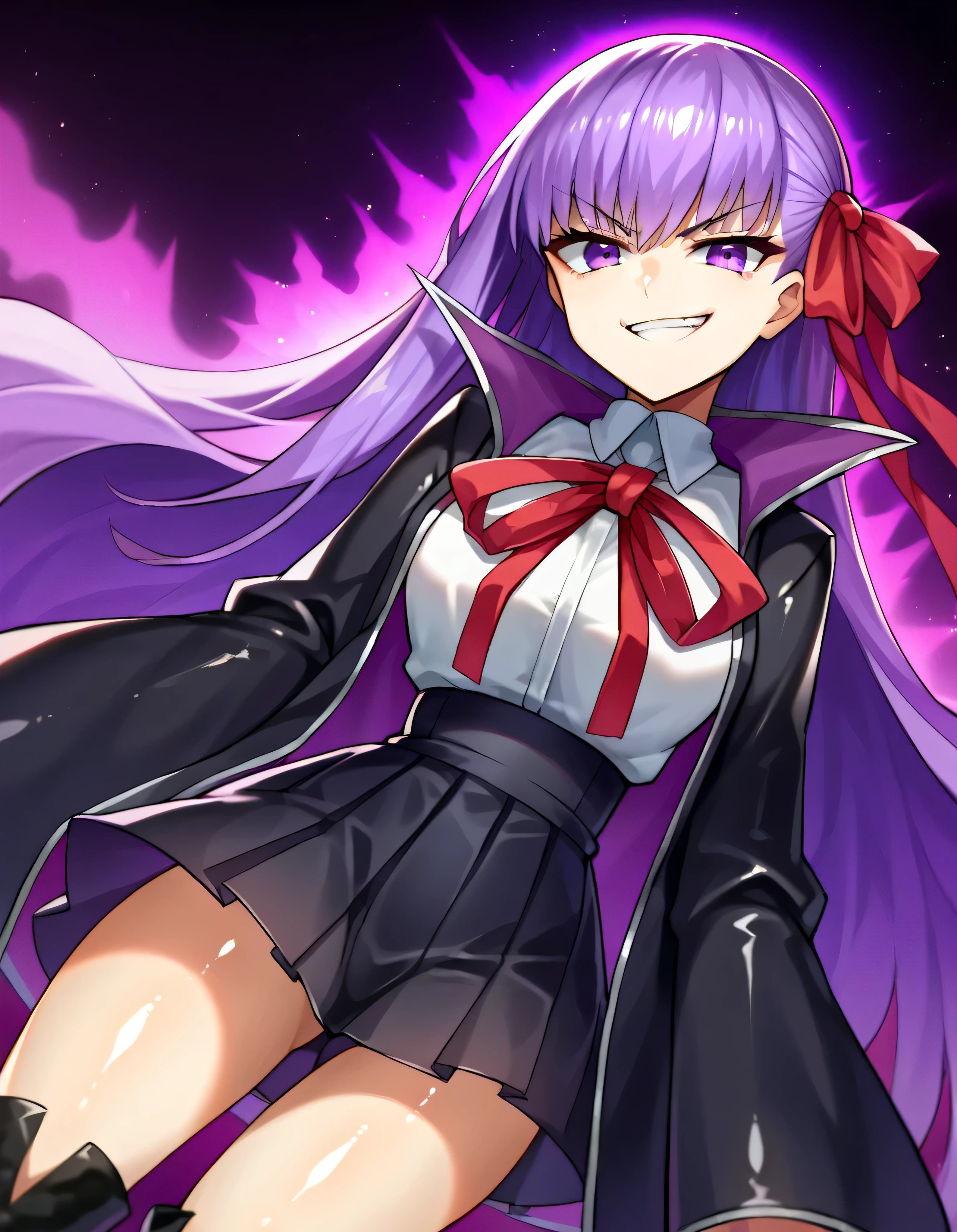score_9, score_8_up, score_7_up, Source_Anime,
thick, 
bb, purple hair, Long Hair, bungs,
PURPLE EYES, black Jacket, black Skirt, collared shirt, hair ribbon, high-waist Skirt, Jacket, long sleeve, neck ribbon, open clothes, open Jacket, pleated Skirt, red ribbon, ribbon, shirt, Skirt, Sleeves Over the Wrist, white shirt, wide sleeve,
(dark aura:1.9), ,
staring at the viewer, Dutch angle,(smirk:1.9),latex boots,(shiny skin:1.9),