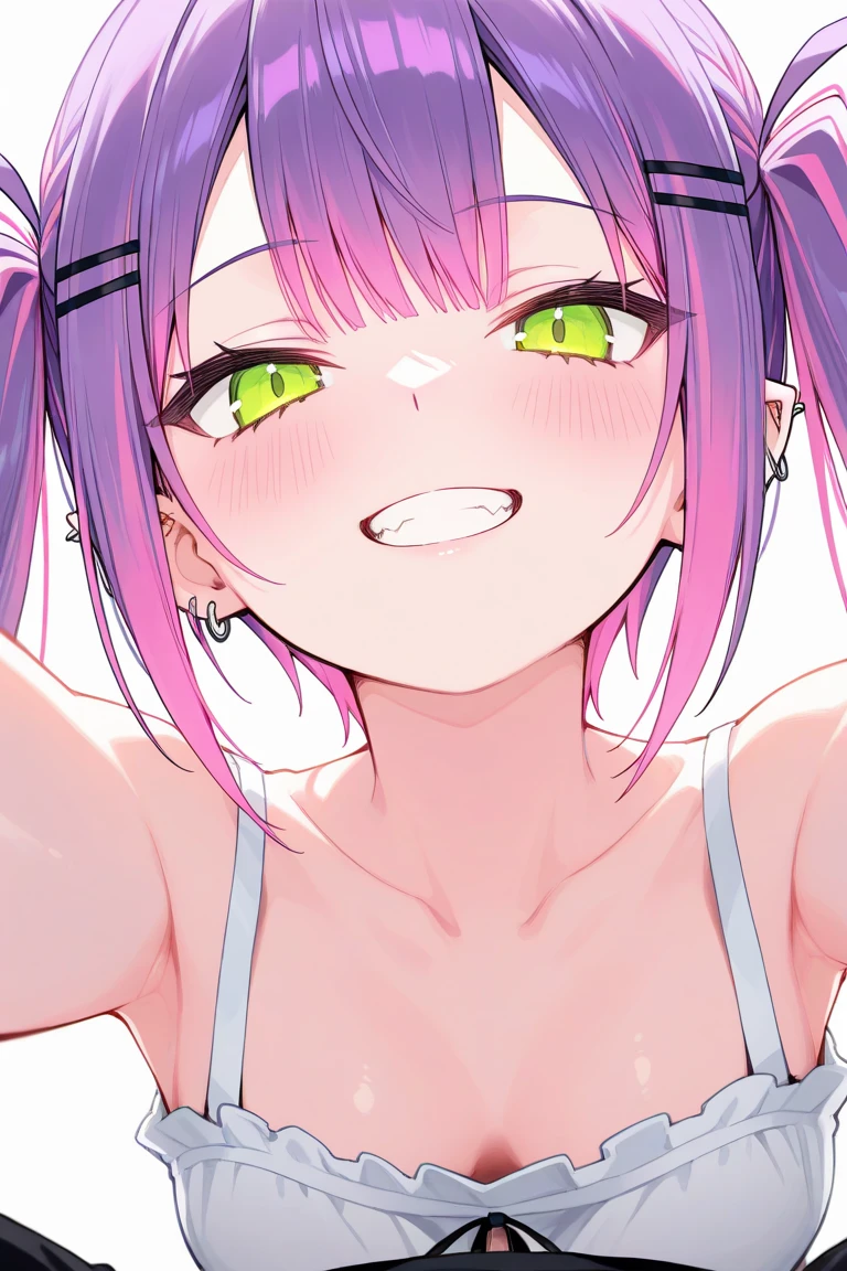 highest quality, High resolution, One Girl, TokoyamiTowa, NSFW, Glowing Skin, bangs, Twin tails, Purple Hair, White swimsuit, Pink nipples, Sparkling eyes, blush, Abdominal muscles,