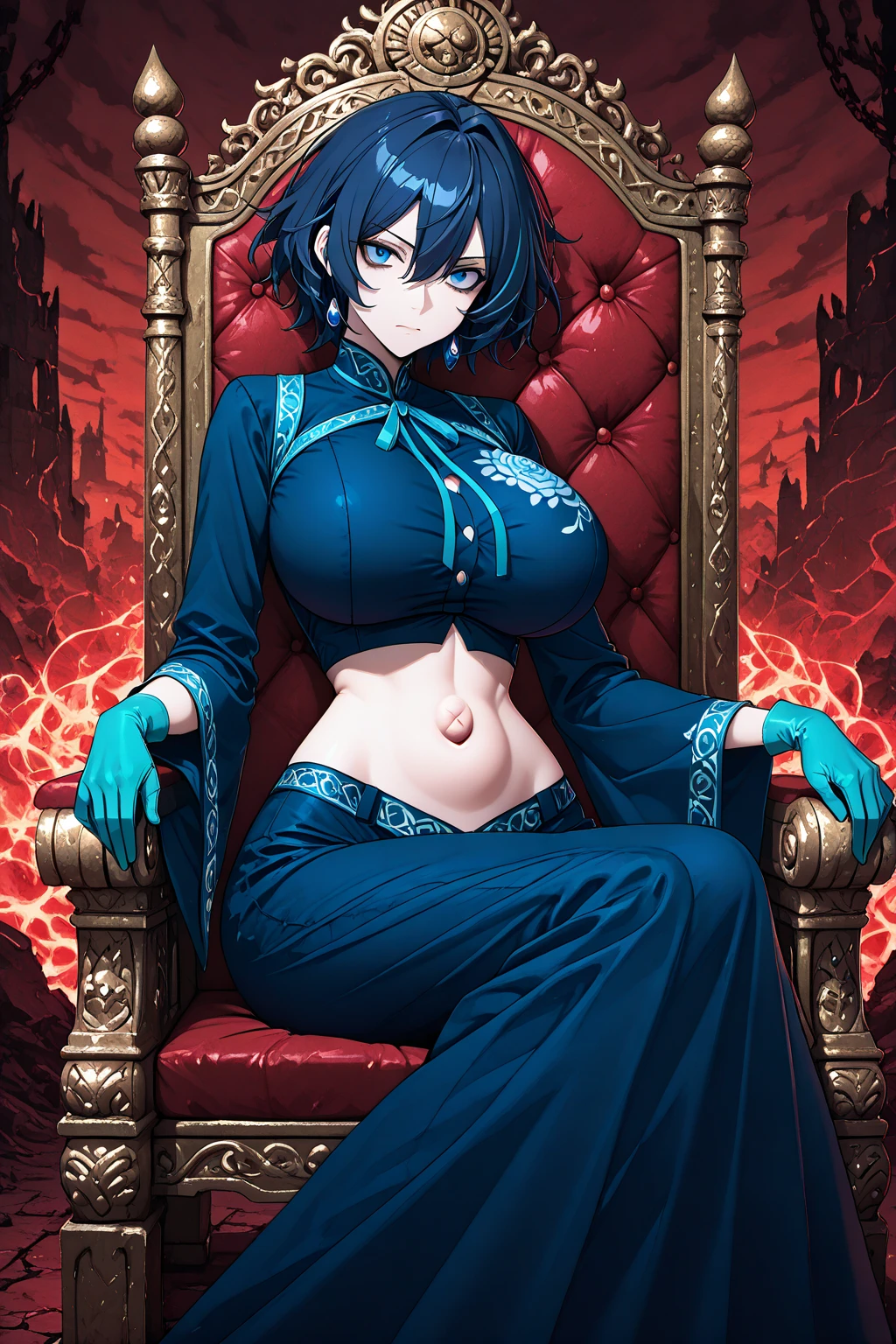 1mature mommy, silk short hair, cat eyes, golden sage robe, she has red flower crown on her head and medium boobs and looks so sexy and suggestive, covering ears, squatting, black panty, open dress, spread legs, visible panty, hand on panty, sfw