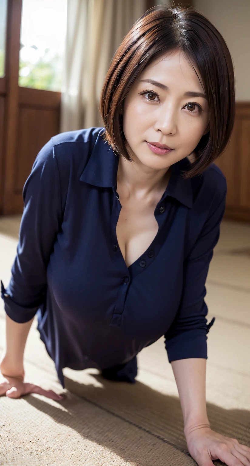 8K,Mature and beautiful 55 year old Japanese woman,Married women,,Fine Lines,Long eyelashes,Sparkling eyes,Bob Haircut,Red lipstick, Cleavage, Pearl Necklace,部屋のcleaning, cleaning機, cleaning