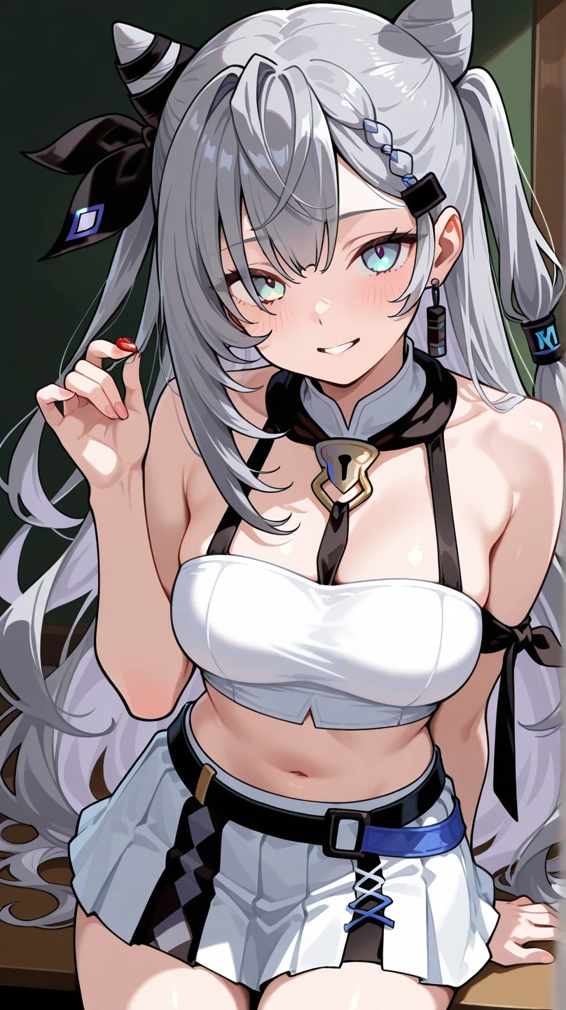 SkirkGI, red eyes, long hair, white hair, blue hair, hair ornament, sexyなポーズ, perfect body, detailed and beautiful eyes, beautiful lips, highly detailed face, long eyelashes, High quality 4K, 8k, High resolution masterpiece:1.2, super detailed, realistic:1.37, photorealistic, Bright colors, Bokeh, portrait, vibrant color palette, Stunning studio lighting,sexy, confused look, torn old clothes, Hands in chains,, focus on armpits, Sweaty armpits, hairy armpits, fine armpits, super detailed, Bright colors, ,clothes are transparent