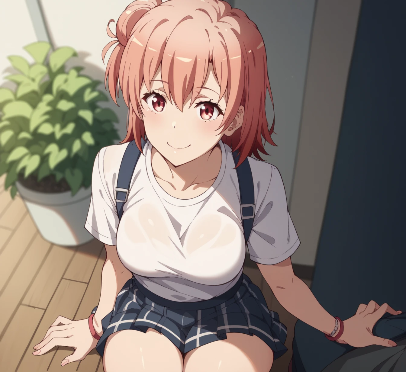 ((masutepiece, Best Quality, hight resolution, nffsw, Perfect Pixel, depth of fields, 4K, )), 1girl in, Solo, , Beautiful anime girl, Beautiful Art Style, 
squatting:1.3, bathroom background, Looking at wevier. 
Perfect body,
Yuigahama Yui, Hair bun, short hair, large breasts, 

Full face blush, blue yoga pants, white tank, red face, 
straight-on:1.3, medium shot