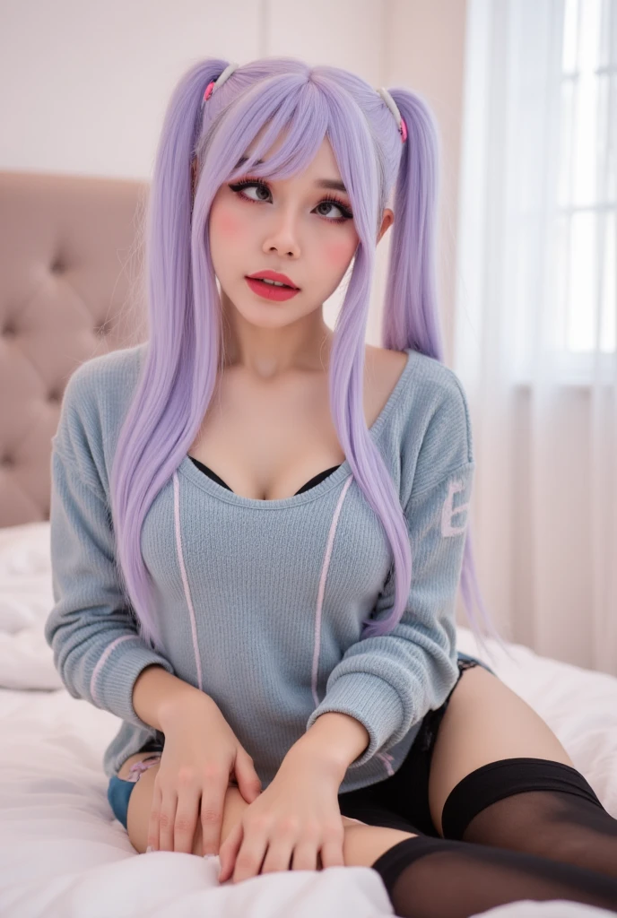 (best quality), 1girl, Female, white skin, asian, purple hair, pink streaked hair, long hair, hime bangs, purple eyes, perfect eyes, camisole, pajama shorts, smile, slender, small bust, masterpiece, anatomically correct, highres