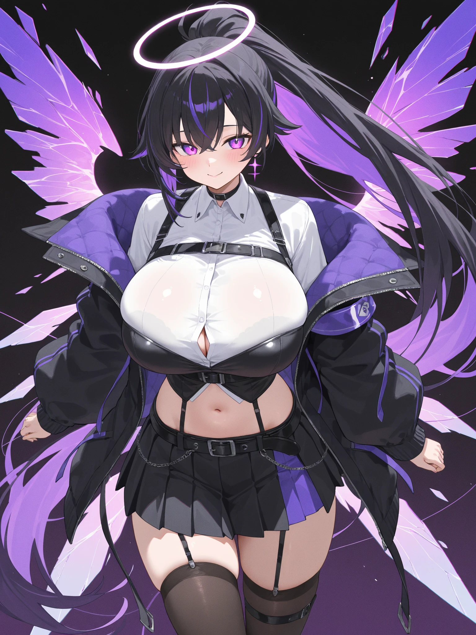 1girl,solo,super detailed skin,shiny skin,oily skin,natural face,eyelashes,gleaming lips,black hair,crossed bangs,silky hair ,large breasts , enchanted gothic armor,unique and complex bikini,standing upright ,simple background,masterpiece,best quality,ultra detailed,high resolution,sharp focus,depth of field