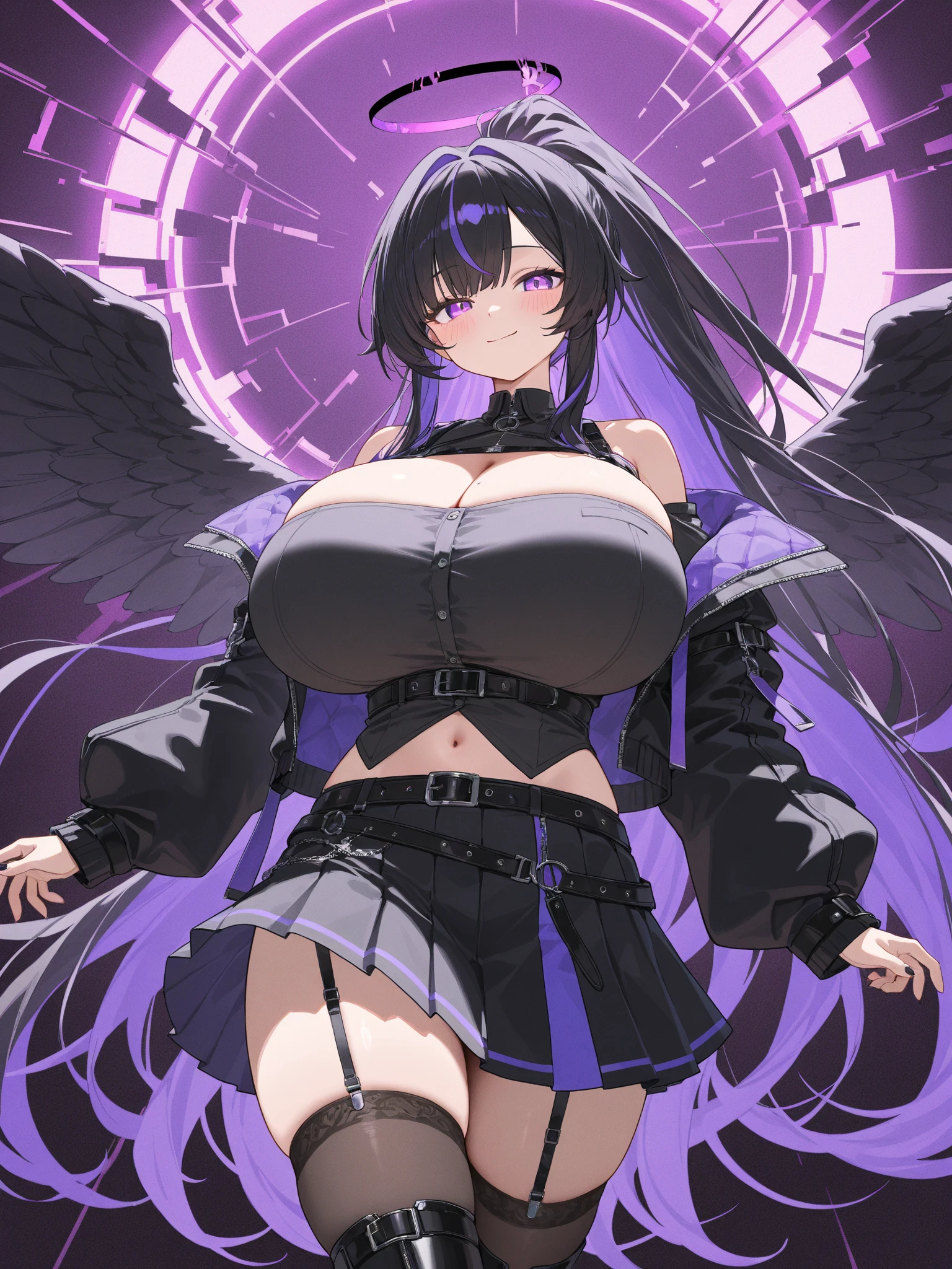 Black hair, blue eyes, large breast, sexy, beautiful body, bed, Masterpiece, angel, white wings, smile