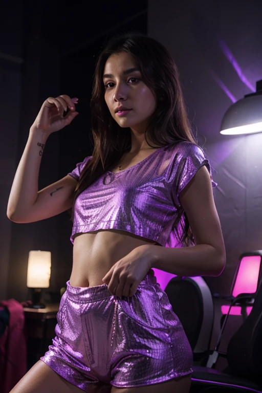a woman in lavender shorts posing on a blue floor, in the style of layered mesh, modern and contemporary fashion design, made of crystals, tomàs barceló, light purple and light indigo, deconstructed tailoring, bright er --ar 85:128 --s 250