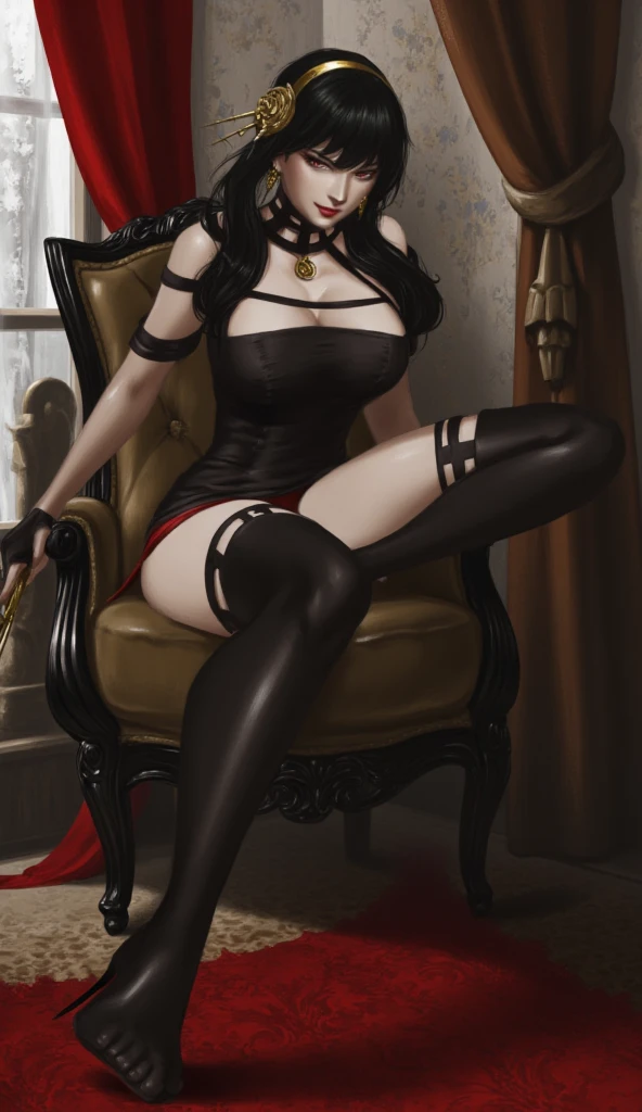 masterpiece, best quality, 8k, high resolution, 1girl, solo, perfect composition, the rule of thirds, detailed fashionable gothic outfit, cleavage, original character artwork, solo focus, (vampire Princess), extremely long voluminous black hair, narrow waist, wide hips, beautiful pink detailed eyes, Gothic punk style room background, roses, light particles, pink,gold tetradic colors, volumetric lighting, indoors, realistic, ultra-detailed, intricate details, ((( 5 toes, black toes nails, tied ankles together , tied arms , Focus full body, with no shoes, sit on a chair))),