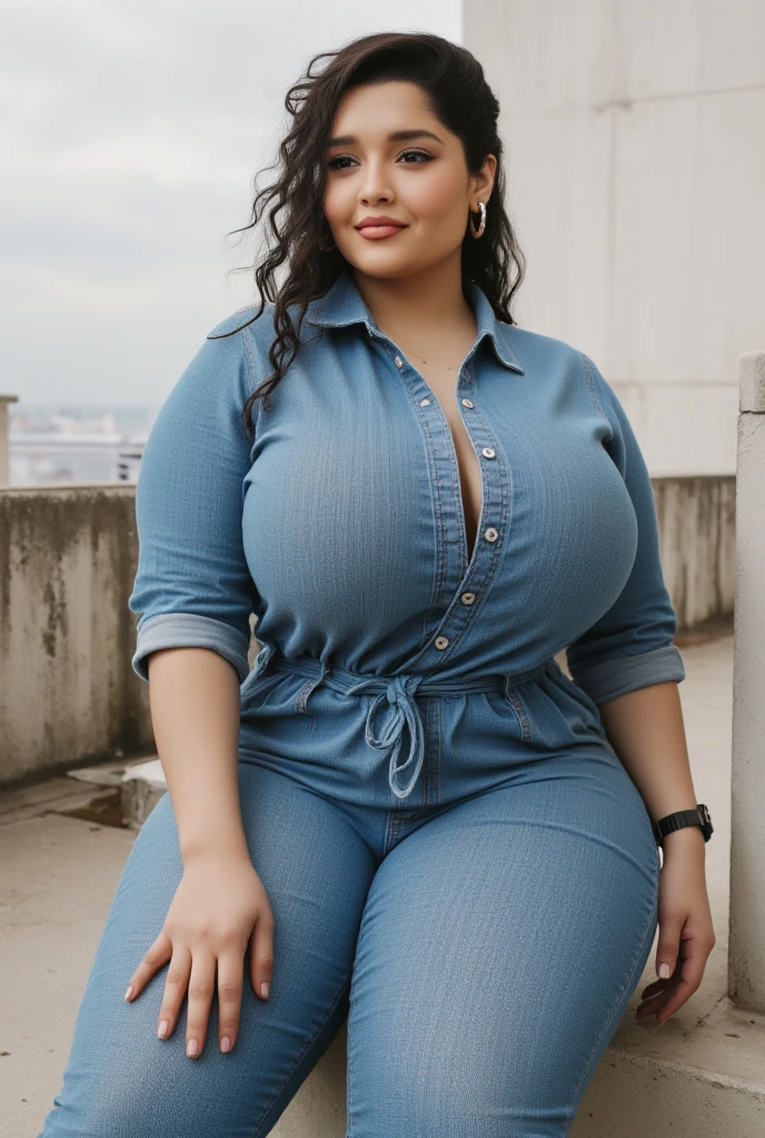 ((best quality)), (extremely detailed), (photorealistic), Chubby Latina, 30, small, short, thick, pale skin, cleavage, short height, wide hips, thick thighs, puffy nipples, small hands, short body, healthy, thick, plump, shorter, 4ft, wearing tight purple shirt and jeans, sweaty
