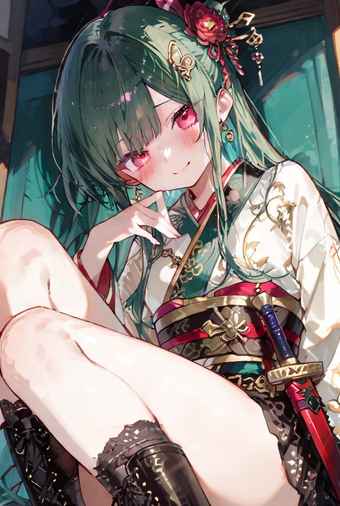 (masterpiece, best quality: 1.2), traditional Chinese ink painting, A cute 20 year old sexy women with saggy breasts and lace skirt, sexy white lace , Oversized dress :1.5, Couch, Ultra-detailed face, Detailed eyes, Double eyelid, sfw:1.5 , evil smile:1.4 ,emphasizing slender abs :1.3, (upskirt:1.5)