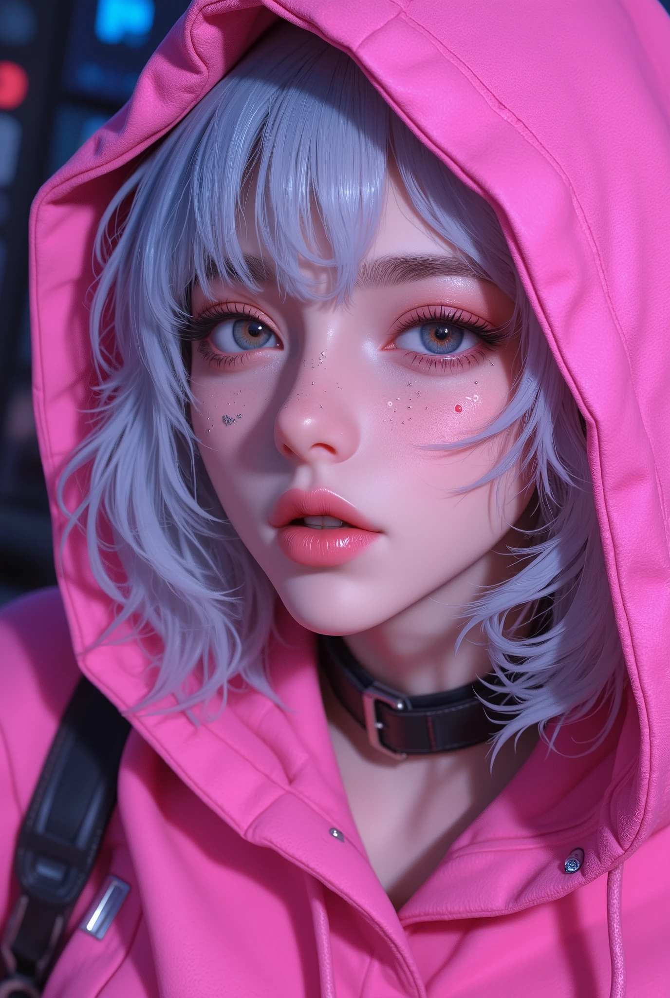 Superb Masterpiece High Quality High Definition Beautiful 8K Semi-Real 2.5Anime style digital anime art cute woman, Light Blue and Silver Hair Color, short bob,, Colorful Backgrounds, She's Wearing a Shocking Pink Hoodie, Piercings galore, Punk and Bad Girl, Physically Based Rendering HRD UHD Digital Anime CG Detailed Line Art
