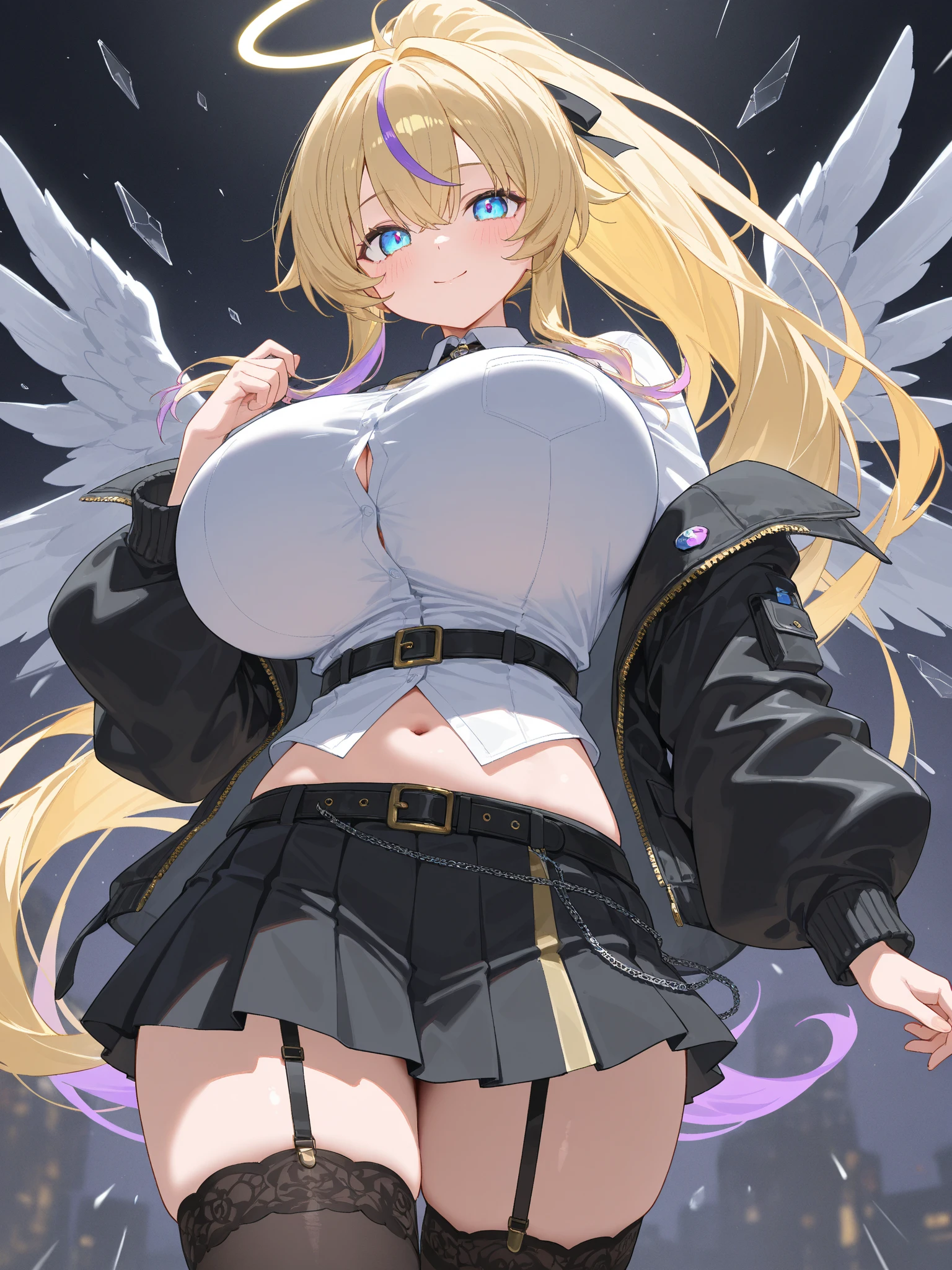 ((best quality)), ((masterpiece)), (detailed), 1girl, sexy
1girl, 独奏, long hair, breasts, looking at viewer, blush, smile, (Slightly parted lips, Sexy thick lips, Bare lips, Glossy Lips, fluffy lips), Perfect hands,, Blue eyes, skirt, blonde hair, large breasts, shirt, thighhighs,(Transparent nipples, Big cleavage, Plump and shiny breasts:1.2) ,(White angel wings on the left and right sides of the back:1.2) long sleeves, navel, hair between eyes, bare shoulders, twintails, :d, cowboy shot, pleated skirt, detached sleeves, necktie, midriff, collared shirt, miniskirt, wide sleeves, stomach, white thighhighs, zettai ryouiki, crop top, underboob, garter straps, white skirt