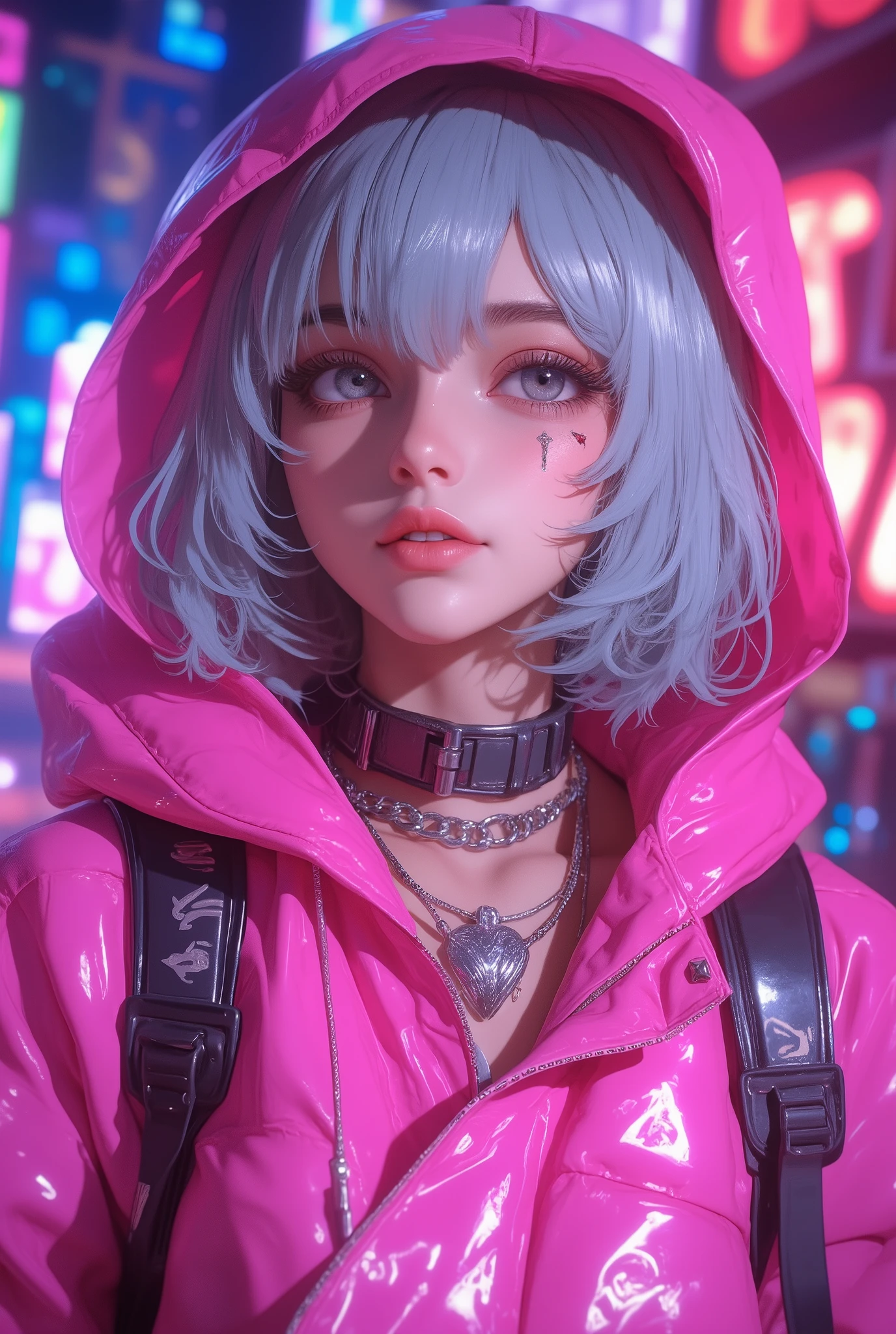 Superb Masterpiece High Quality High Definition Beautiful 8K Semi-Real 2.5Anime style digital anime art cute woman, Light Blue and Silver Hair Color,  short bob,, Colorful Backgrounds, She's Wearing a Shocking Pink Hoodie, Piercings galore, Punk and Bad Girl, Physically Based Rendering HRD UHD Digital Anime CG Detailed Line Art