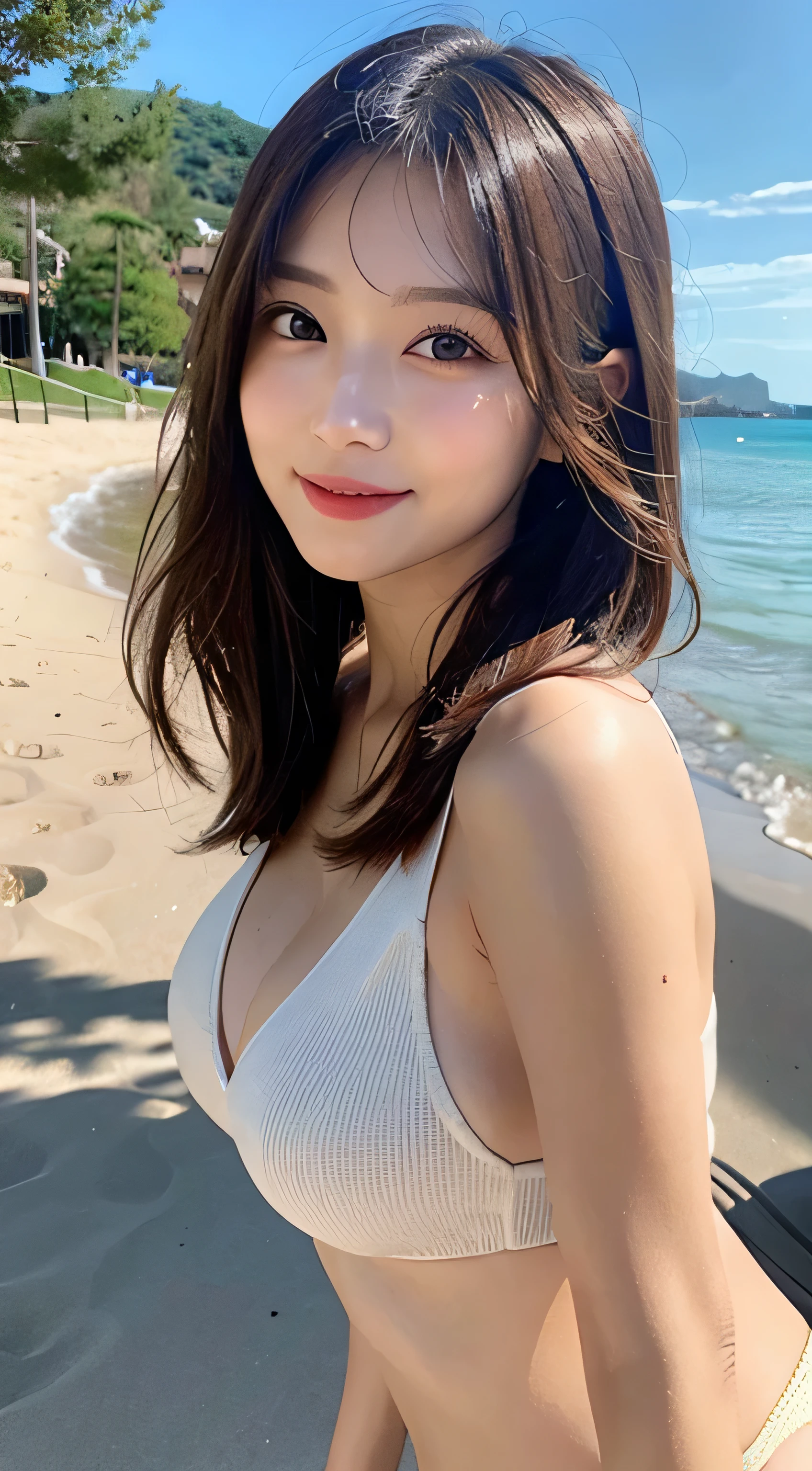 (best quality ,masterpiece, Reality ,Extreme details), Anatomically correct,25 years old beautiful woman,Perfect body,Exquisite facial features:1.2,(One-piece swimsuit:1.2),Perfect body,Beach,Big breasts:0.1