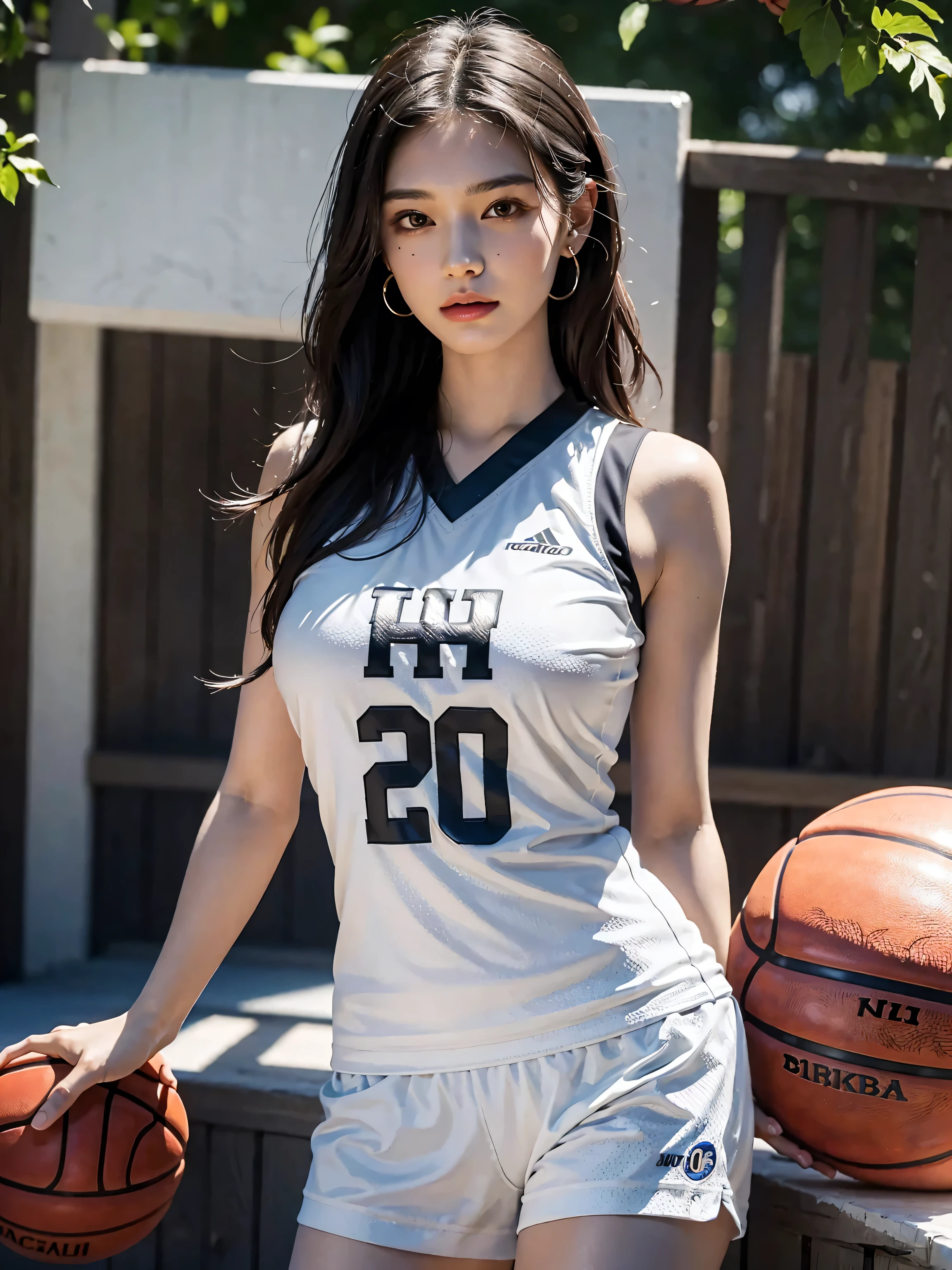 Dress up、(Photoreal:1.4)、(超realistic:1.4)、(realistic:1.3)、 (gentle lighting: 1.05)、(Improve video lighting quality:0.9)、32K、 1 girl、20 year old girl、realistic照明、Backlight、facial light、ray tracing、(bright:1.2)、(Improvement of quality:1.4)、 (Highest quality realistic textured skin)、fair eyes,Delicate and delicate features、 (tired, sleepy and satisfied : 0.0), close up of face, Basketball Uniform : 1.3, (Improve the atmosphere of the body line:1.1)、Glossy skin、porn star、korean idol、Nogizaka idol、sculptural idol pose、beautiful actress、neat woman、whole body, and spread your legs, big breasts, big thighs,