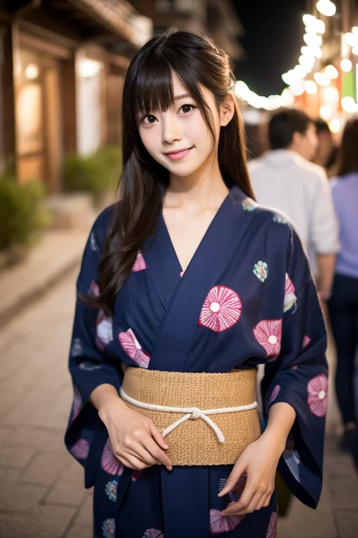 (Best-quality, Masterpiece, Ultra-High-Resolution, (Photorealistic:1.4), Raw Photo, depth of field, professional lighting, perfect anatomy, extremely details), 1girl, 15-years-old, the most famous Japanese idol, full body, (wearing Japanese-YUKATA with cute-design), walking down main street in Kyoto-City, (extremely cute face, ((extremely cute big-eyes)), extremely cute hair, extremely beautiful skins), extremely cute long-eyelashes, extremely cute lips, looking at viewer, ((innocent smile)), (detailed Japanese-YUKATA, detailed main-street-in-Kyoto-City)
