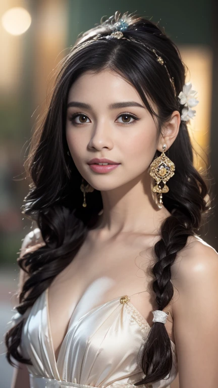 score_9, score8_up, stunning beautiful girl, 25 yo, detailed skin, beautiful shinning long luscious hair, strands of hair flaoting in air, hair updo, hair, delicate facial features, detailed glossy eyes and pupils, detailed shinning natural hairs, detailed sharp nose, detailed white glistening teeth, perfect symmetrical face, detailed natural perfect breasts, graceful pose, soft lighting, artistic painting, vibrant colors, ethereal atmosphere, mesmerizing gaze, flawless complexion, enchanting beauty, surreal background, solo, looking at viewer, bangs, (beautiful modern fashionable designer yellow,blue and red combination dress), earrings and necklace, cute smile, upper body, indoors, frills, night time, perfect lighting, luxurious living room, sofa, lots of colourful flowers,looking at the viewer, lips,