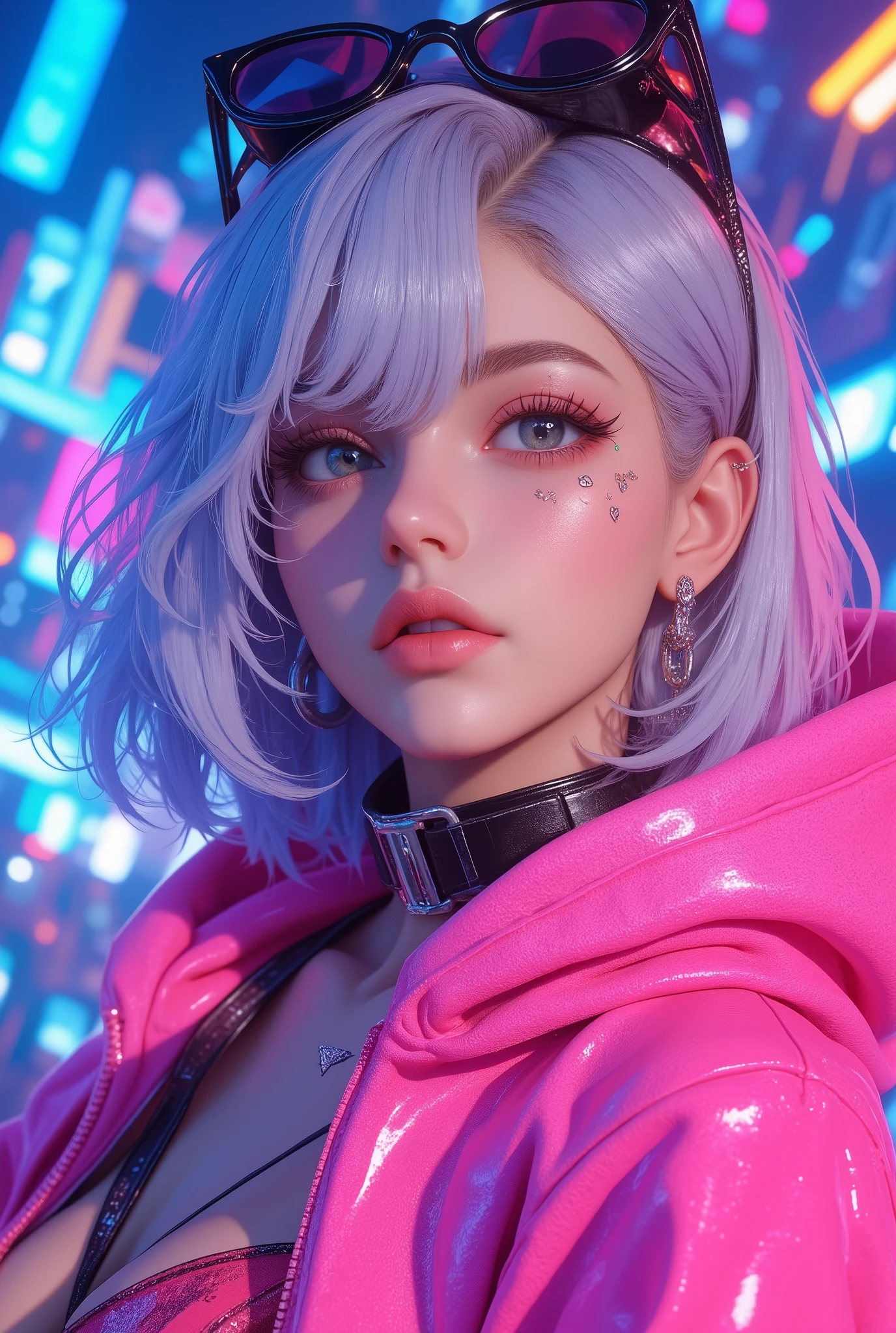 Superb Masterpiece High Quality High Definition Beautiful 8K Semi-Real 2.5Anime style digital anime art cute woman, Light Blue and Silver Hair Color, short bob,, Colorful Backgrounds, She's Wearing a Shocking Pink Hoodie, Piercings galore, Punk and Bad Girl, Physically Based Rendering HRD UHD Digital Anime CG Detailed Line Art